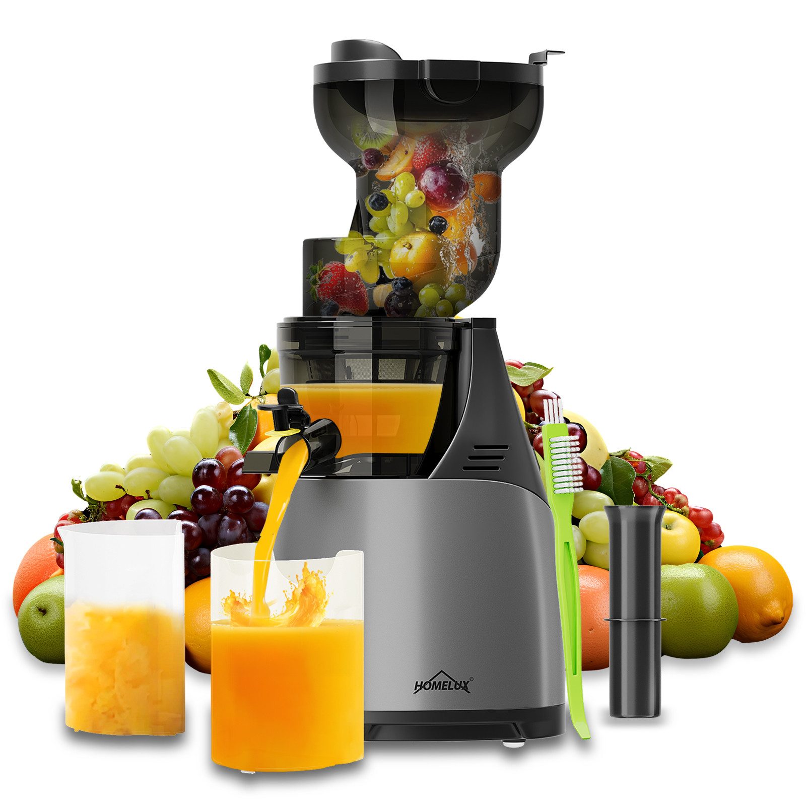 HOMELUX Slow Juicer Entsafter 140MM Öffnung für Ganze Gemüse Früchte mit 2 Tassen