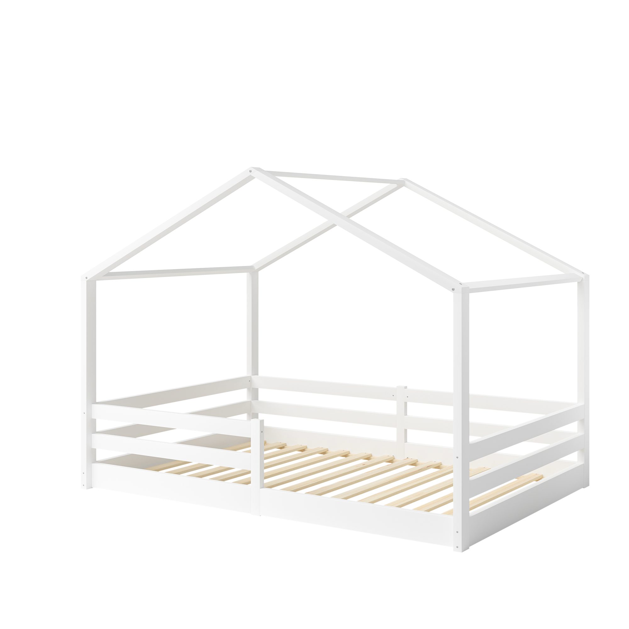 Bellabino Hausbett Abia mit Lattenrost und Rausfallschutz (weiß, optional mit Matratze), Bodenbett 140x200 cm, verfügbar in verschiedenen Ausführungen