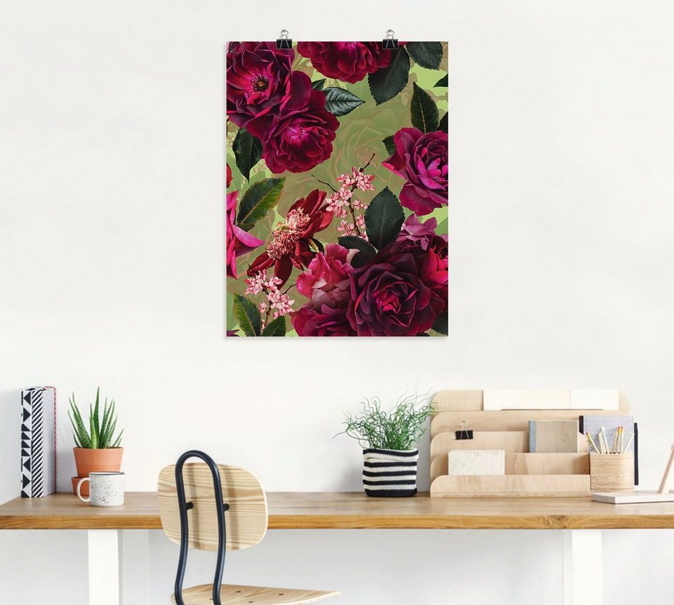 Artland Wandbild Dunkle Rosen auf Grün, Blumenbilder (1 St), als Alubild,  Leinwandbild, Wandaufkleber oder Poster in versch. Größen
