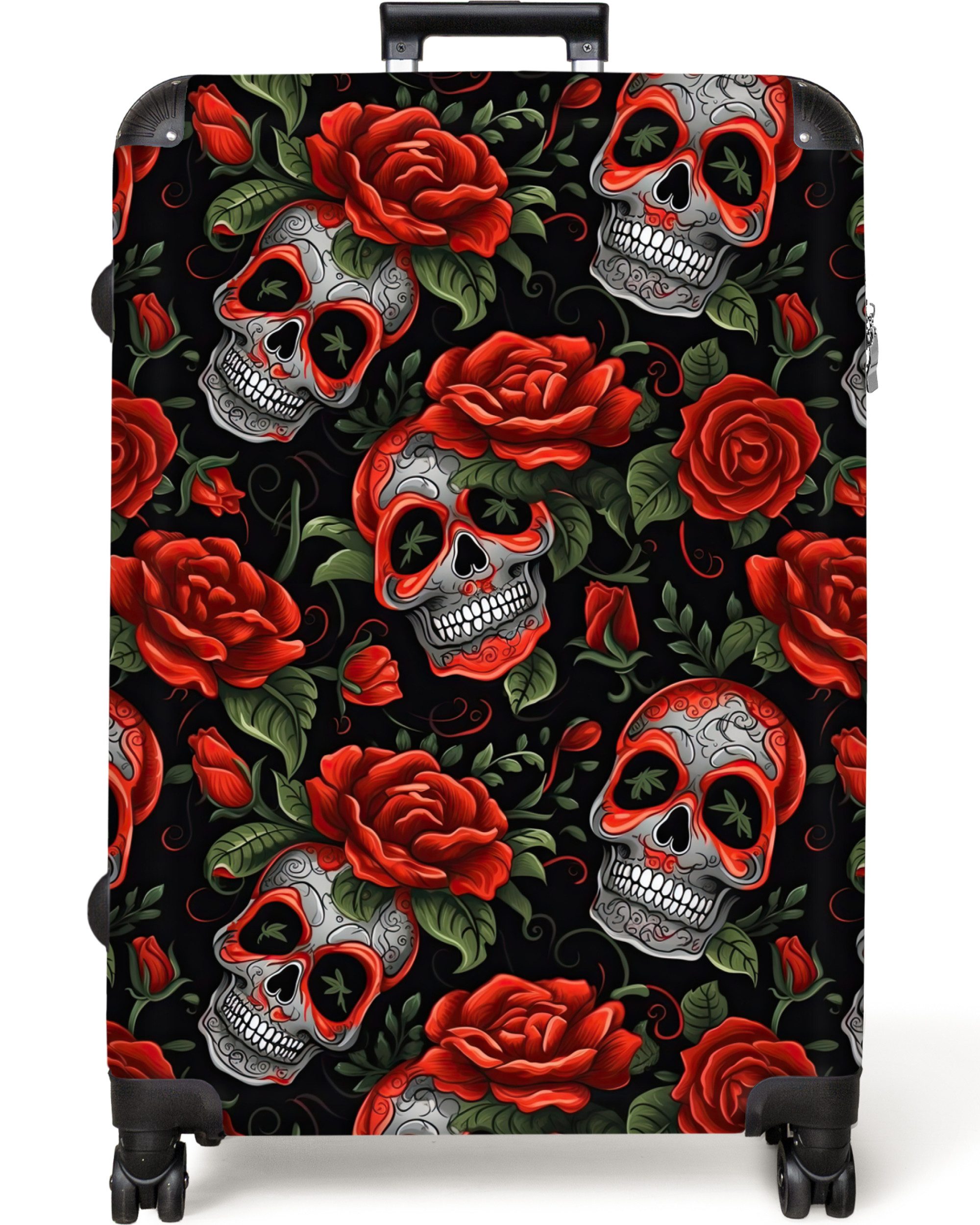 NoBoringSuitcases.com© Hartschalen-Trolley Totenkopf - Rosen - günstig online kaufen