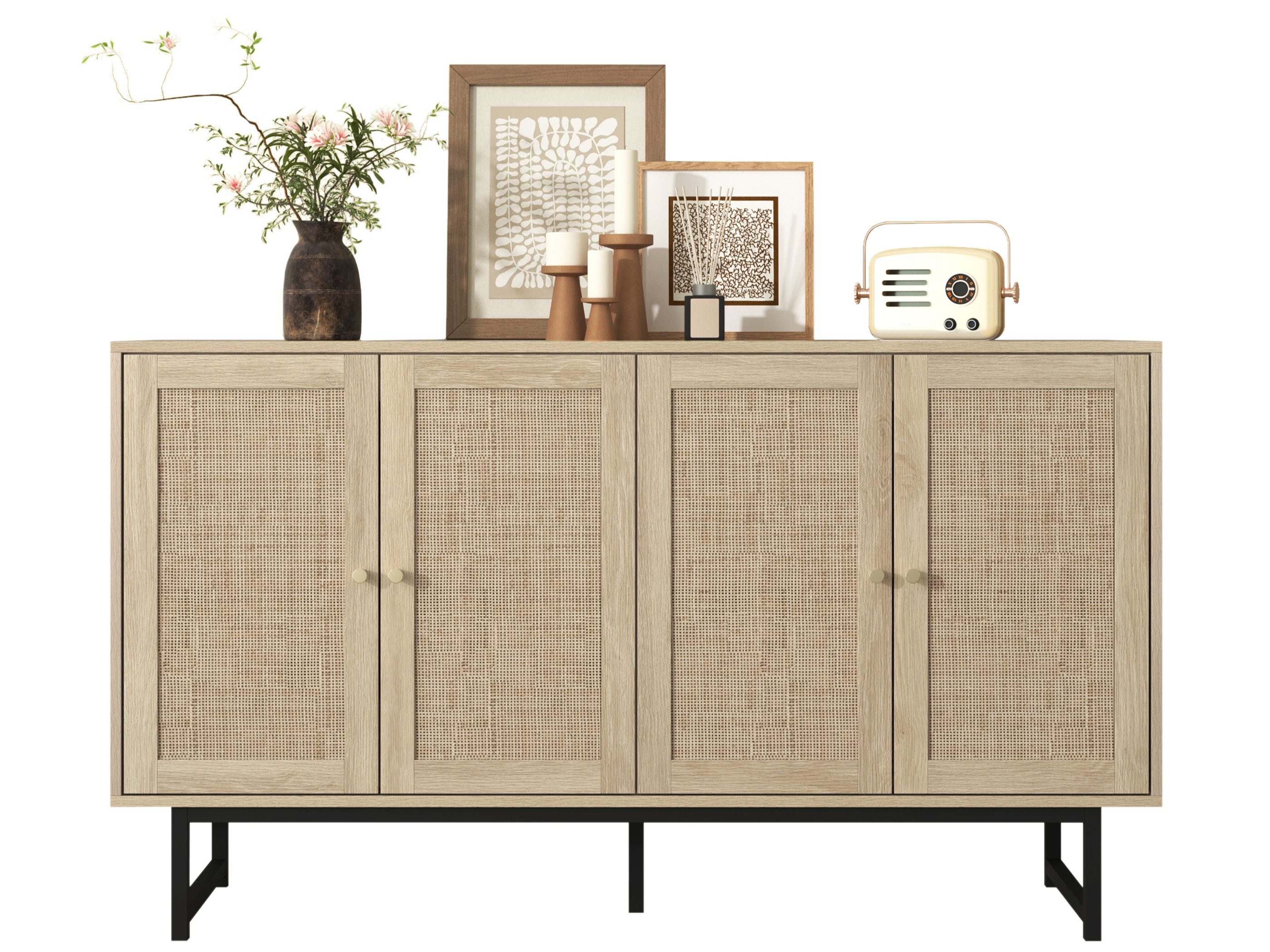 SeedWave Sideboard Vielseitige Kommode in Holzoptik, mit 4 Rattantüren & 4 Staufächern, Echte Rattan; Verstellbare Einlegeböden; Stabile Metallbeine