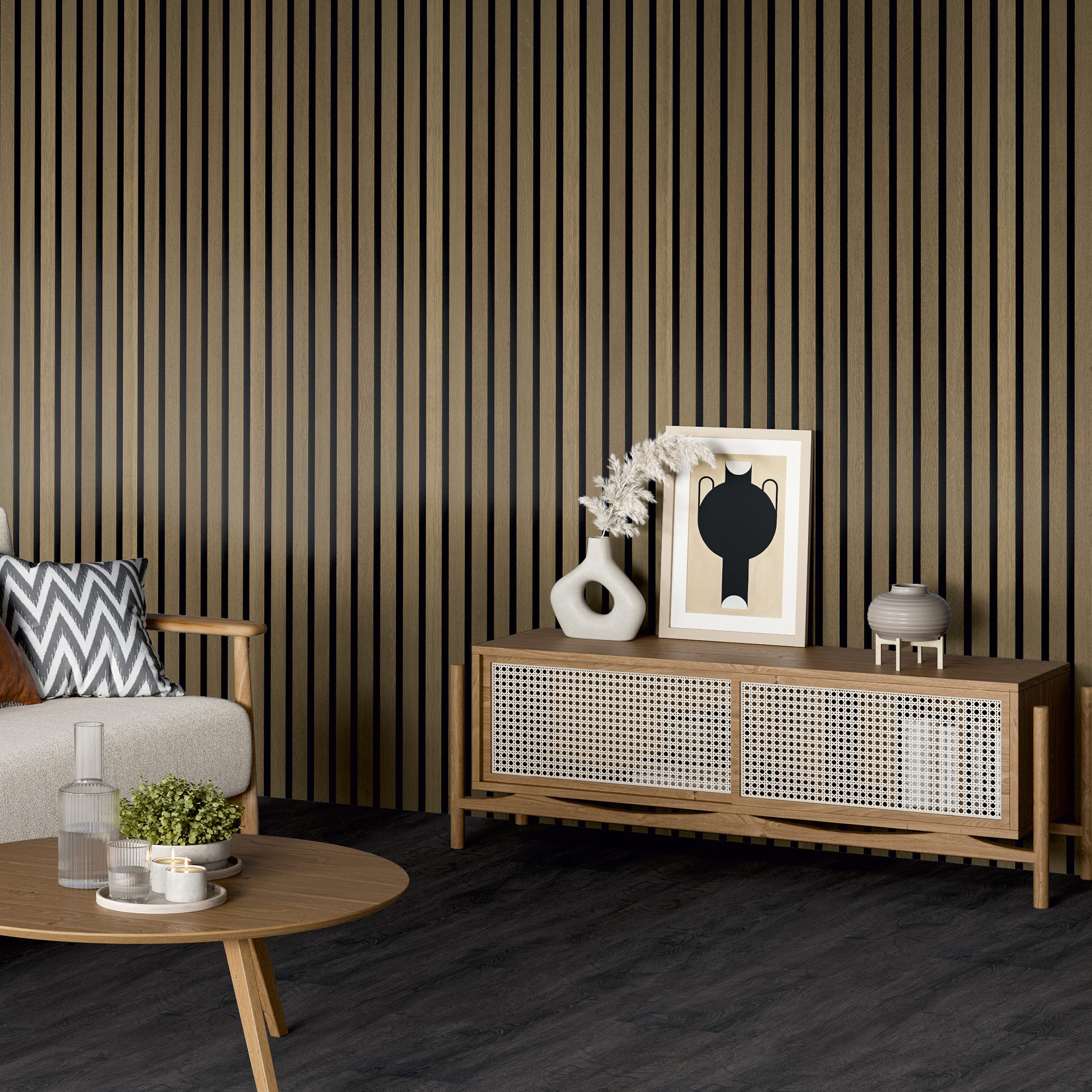 acous 3D Wandpaneel Comfort Light Eiche FSC® Premium Echtholzfurier, BxL: 30,00x250,00 cm, 0,75 qm, (Packung, Versandkostenfreie Lieferung) 6 Echtholz-Dekoleisten mit schwarzem 3 mm HDF-Träger