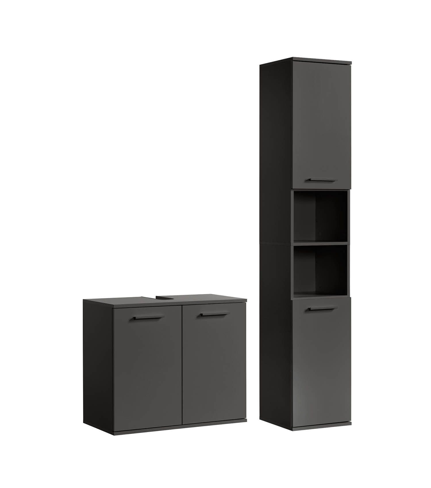 mokebo Badmöbel-Set Der Steuermann Waschbeckenunterschrank Badezimmerschrank Badschrank, (2-teilig), Made in Germany, Bad Set Waschbeckenschrank Hochschrank Anthrazit Holz