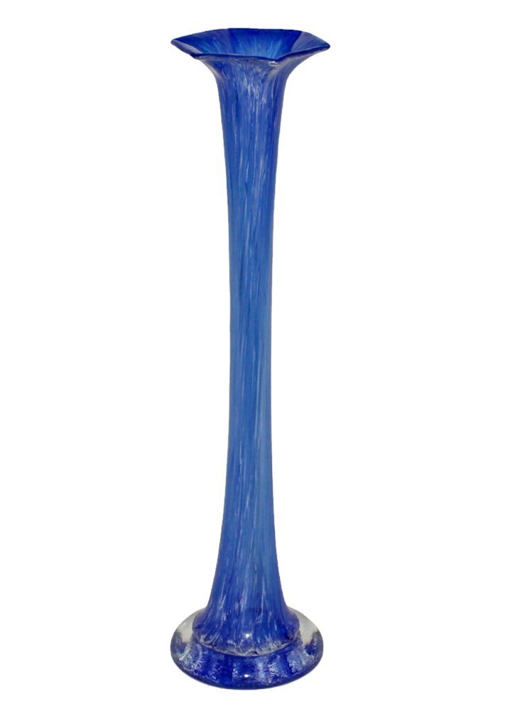 JS GartenDeko Dekovase Glasvase H 36 cm schmale Blumenvase in blau mit weißem Muster Vase