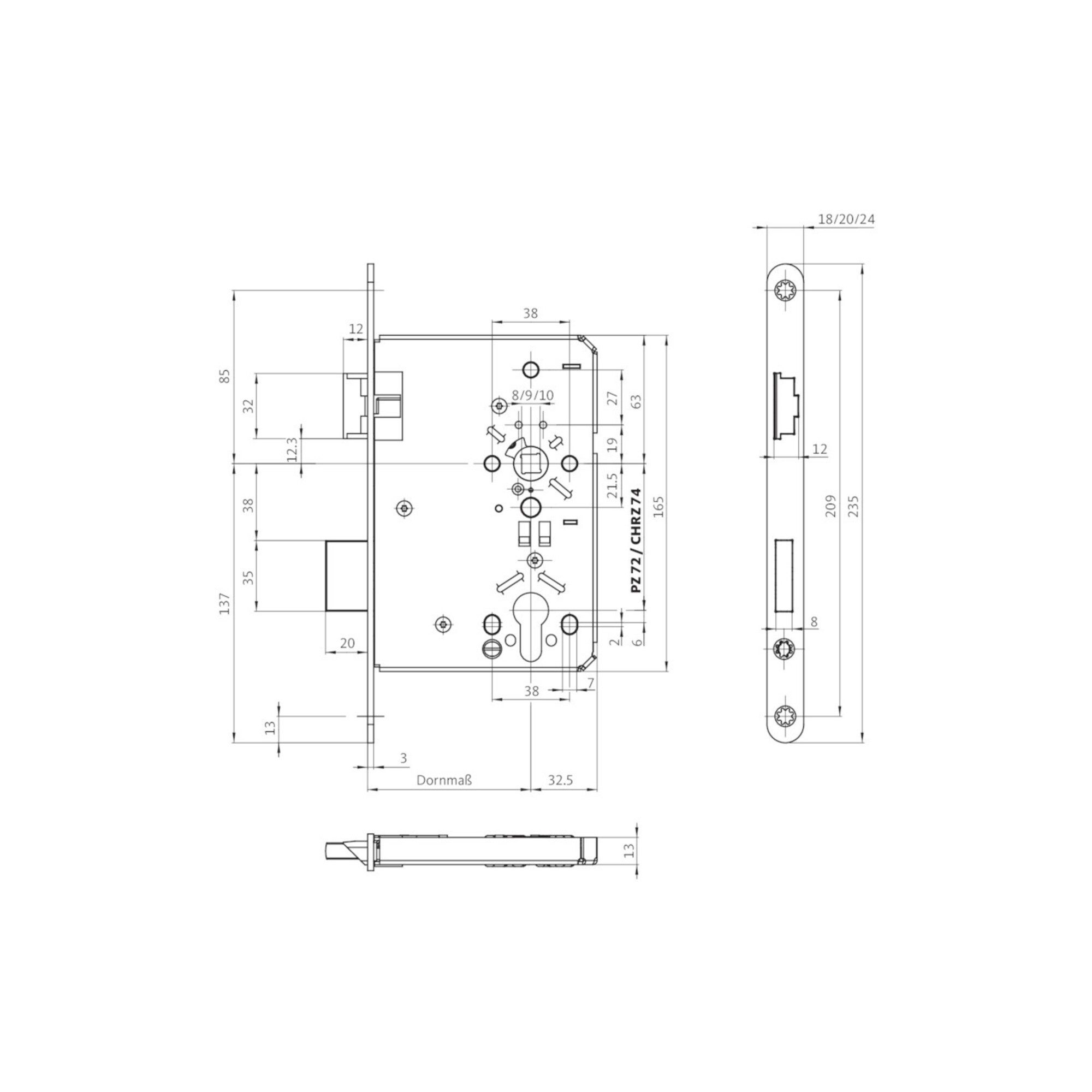 BKS Profilzylinder BKS Behörden-Einsteckschloss 0615 PZW 24/55/72/8mm DIN L VA rd Kl 5
