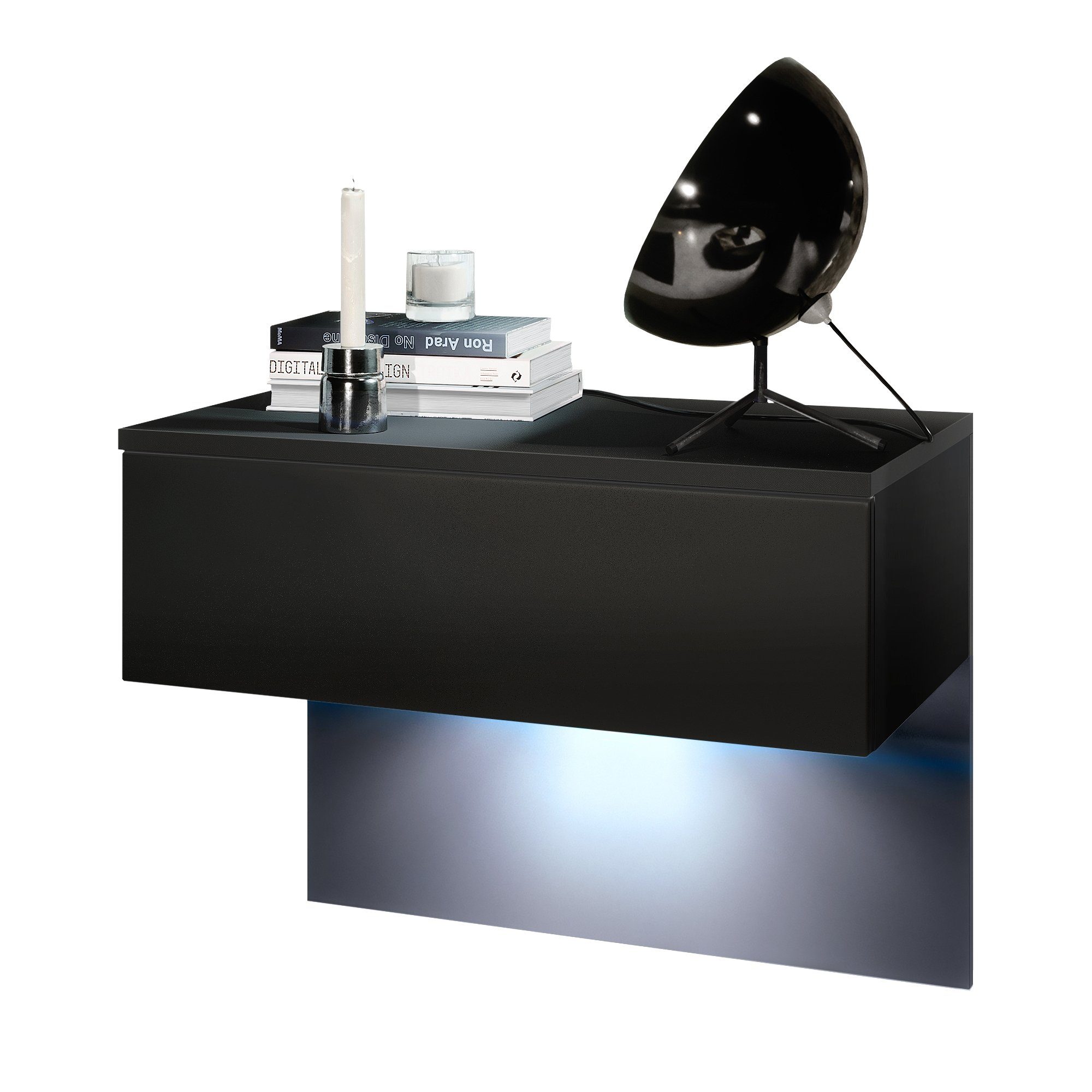Vladon Nachttisch Sleep (Nachttischschrank, mit Schublade zur Wandmontage), Schwarz matt/Schwarz matt (60 x 46 x 35 cm)