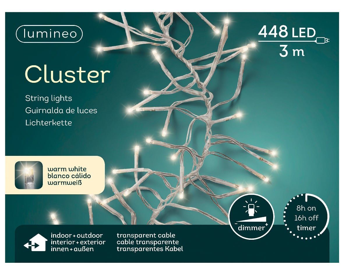 Lumineo LED-Lichterkette Lichterkette Cluster 448 LED's 3 m warm weiß,  transparentes Kabel, Indoor & Outdoor, dimmbar, 8h-Timer, Weihnachten,  Dekoration