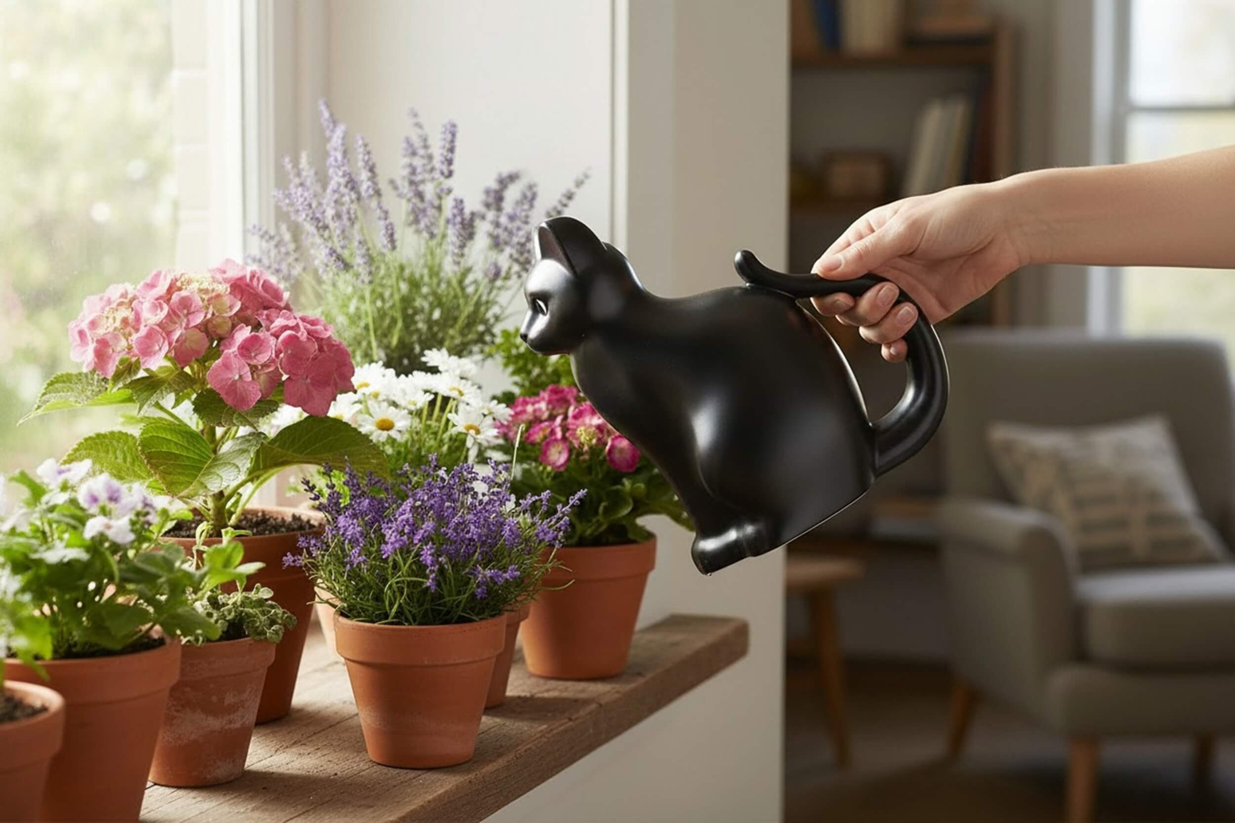 esschert design Gießkanne Gießkanne Katze Schwarz für Kinder Garten Balkon aus HDPE Design