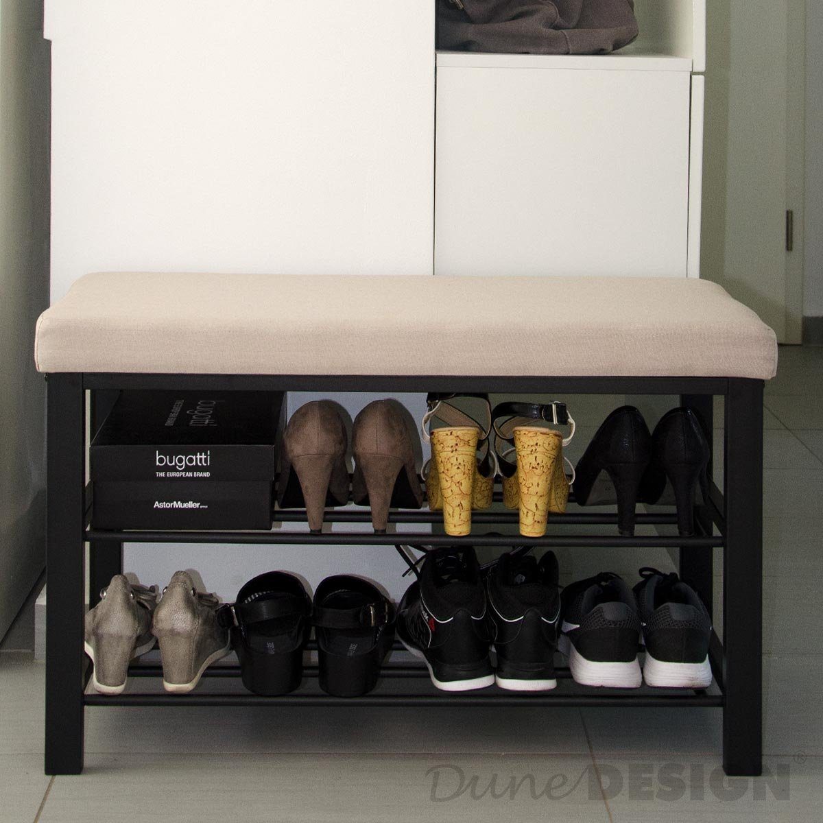DuneDesign Schuhbank Schuhregal mit Sitzbank aus Metall 81x32x46 cm Schuhbank Beige