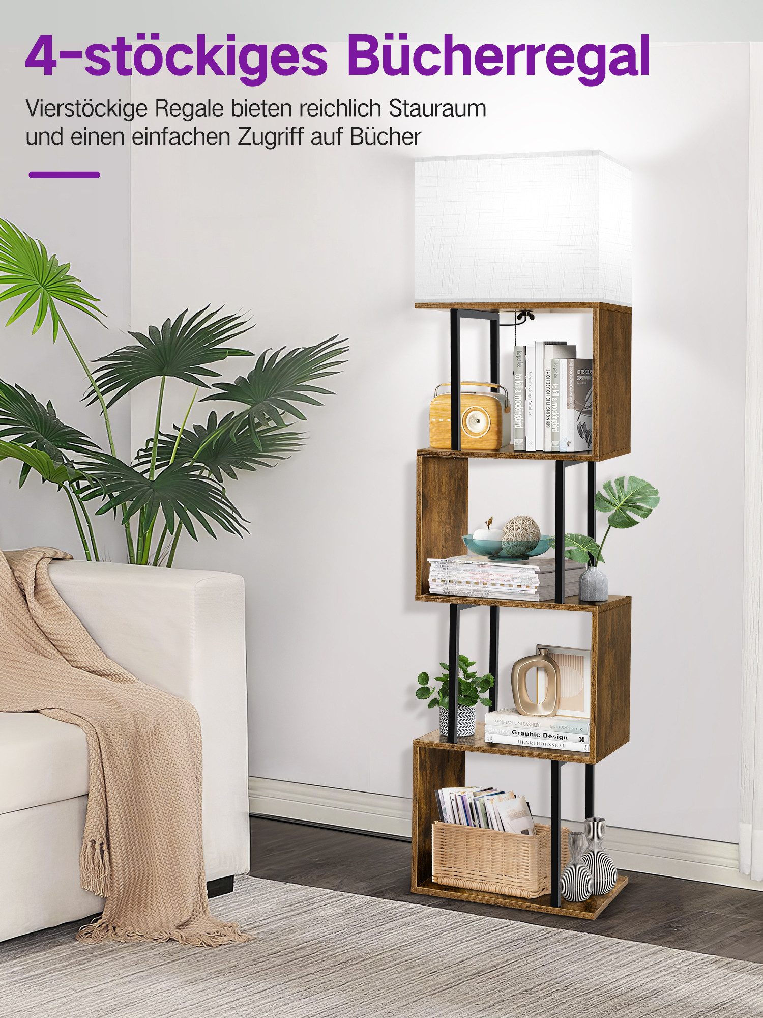 OUTON Stehlampe S-förmiges Bücherregal mit Beleuchtung, 4 Ebenen, Fernbedienung, 3000K-6000K, gelb/schwarz – Bild 4 von 5