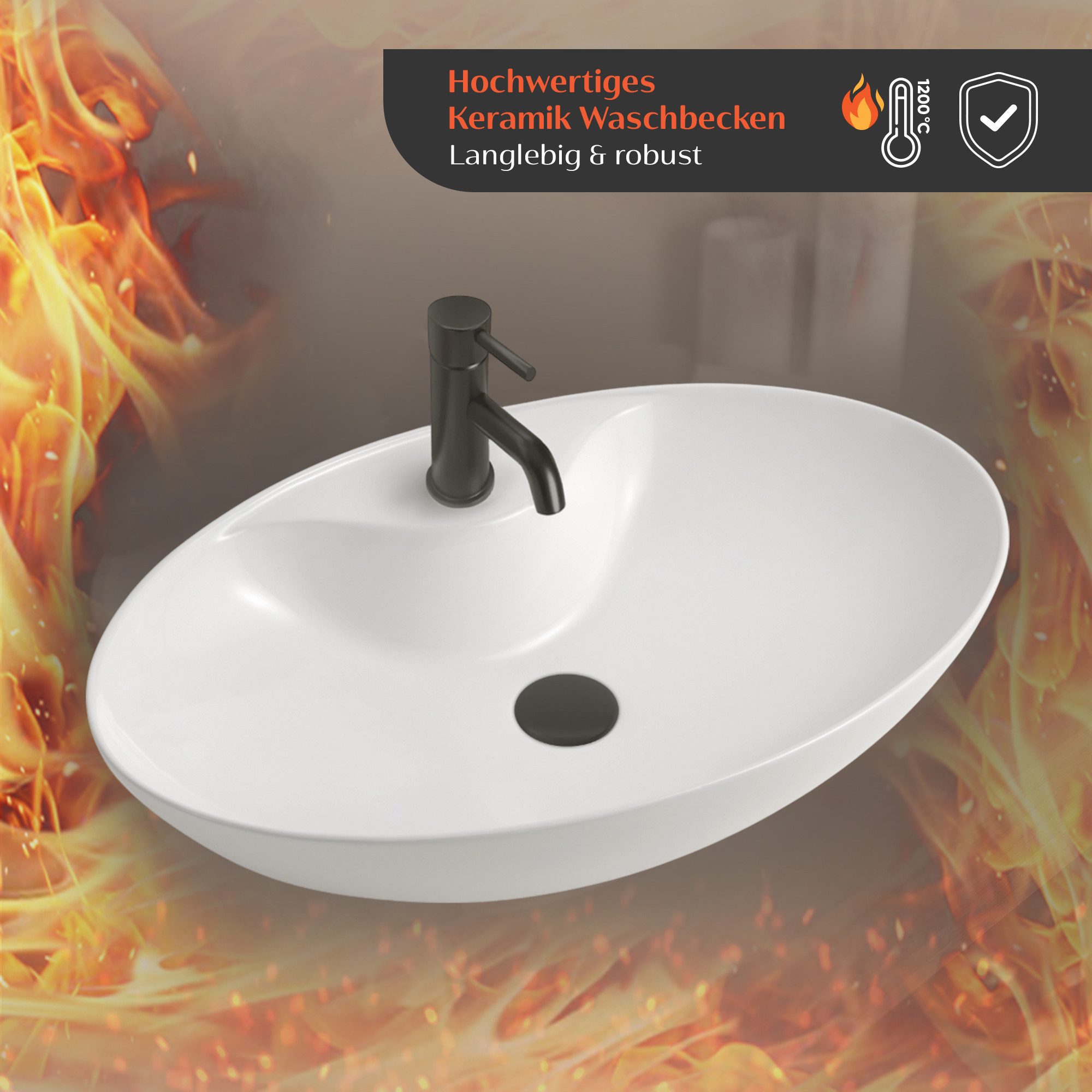 Alpenberger Aufsatzwaschbecken Bad Waschbecken Gäste WC Handwaschbecken Waschschüssel für Waschplätze (Waschbecken 66 cm Breit, Waschschale mit Nano Beschichtun – Bild 3 von 5