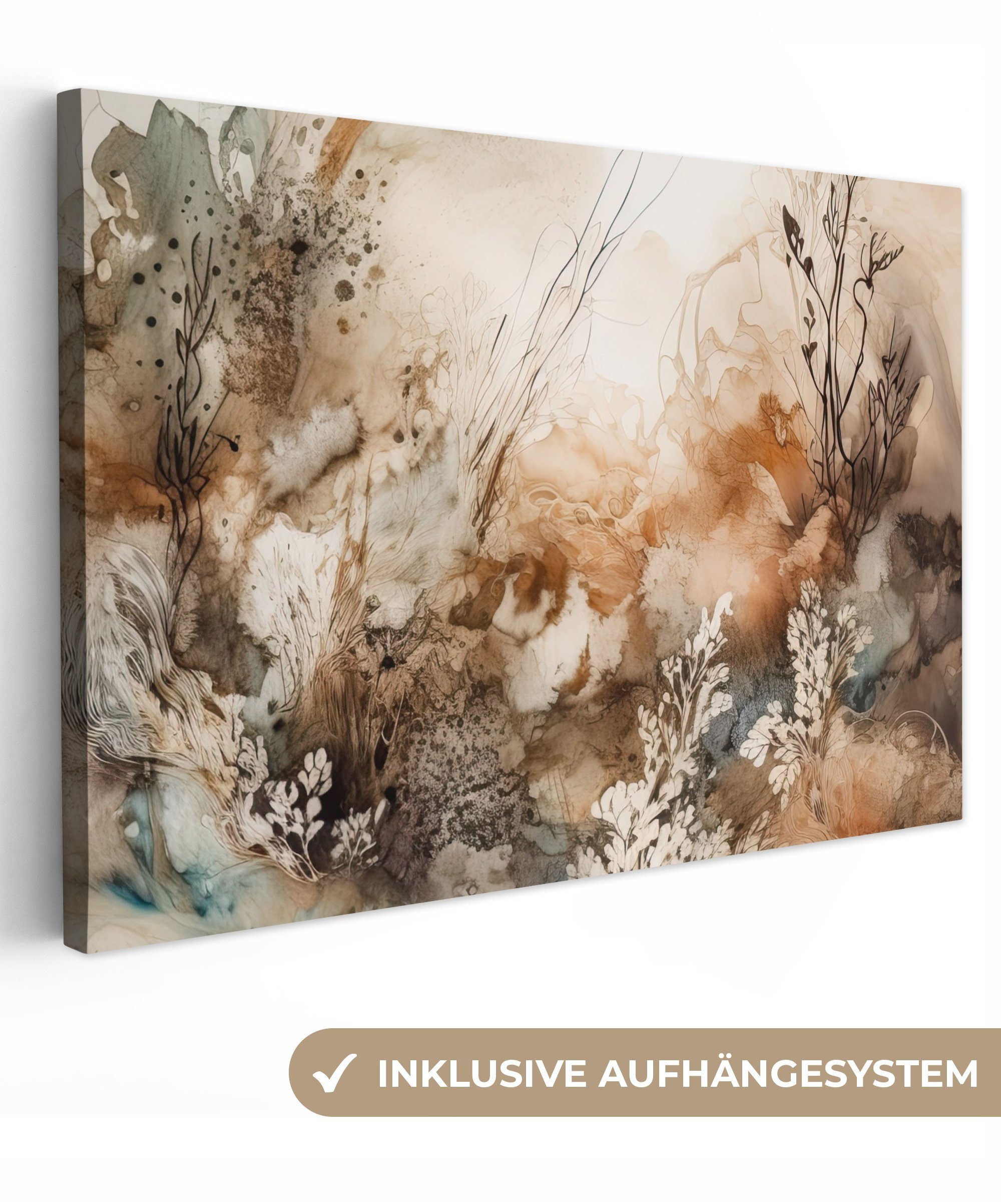 OneMillionCanvasses® Leinwandbild Abstrakt - Beige - Farbe - Kunst - Natur - Blumen, (1 St), Wandbild Leinwandbilder, Aufhängefertig, Wanddeko, 30x20 cm