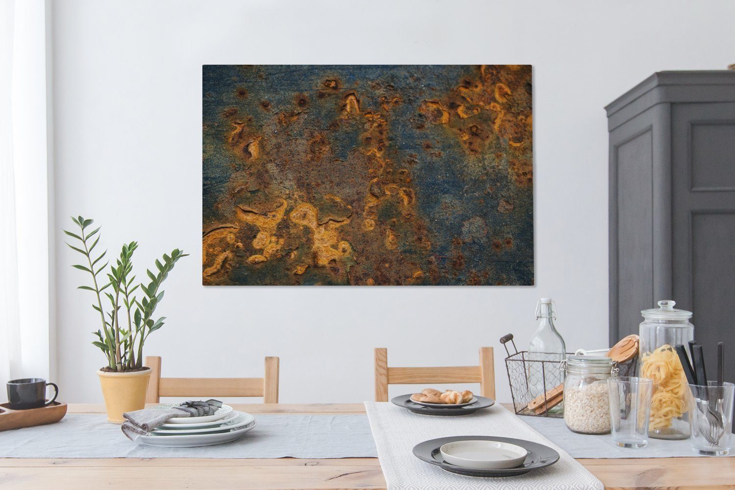 OneMillionCanvasses® Leinwandbild Gold - Rost großes, Gemälde, - Wohnbereiche, 120x80 für XXL, alle (1 Stahl, Wandbild cm St)