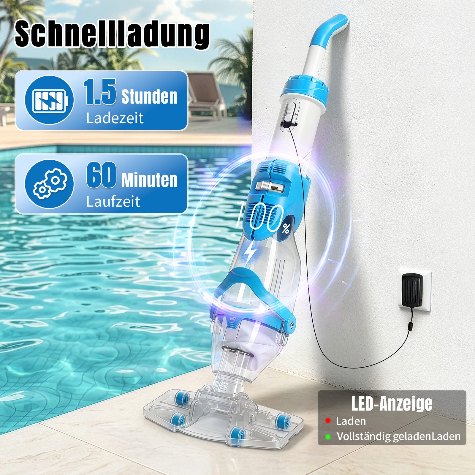 LALAHO Poolbodensauger Poolsauger, kabelloser 40W-Poolsauger mit starker Saugkraft