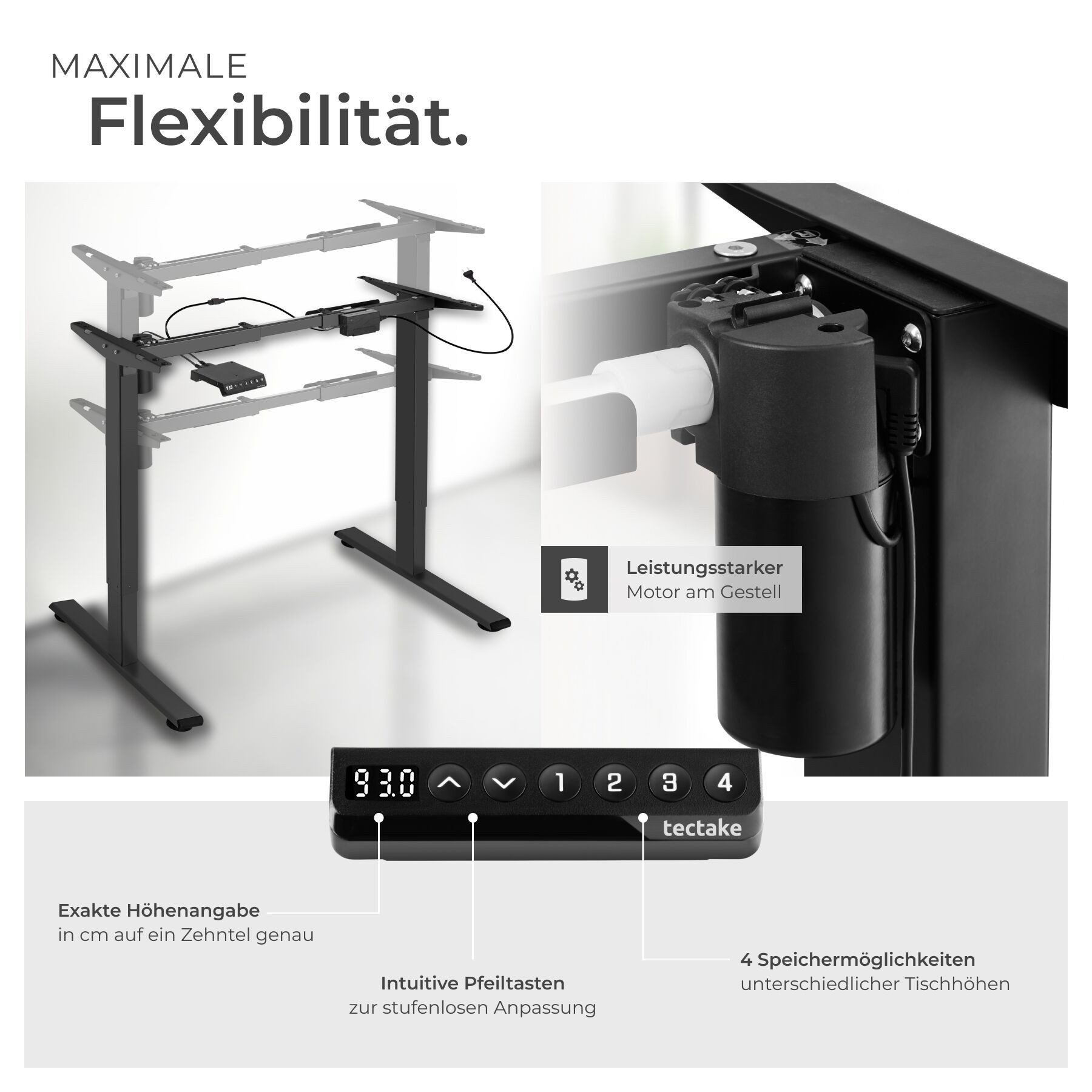 tectake Tischgestell Schreibtischgestell, breitenverstellbar, 85 - 129 x 65 x 71 - 121 cm (Tischuntergestell Piotr, 1-St., in schwarz), Elektrisch stufenlos höhenverstellbar