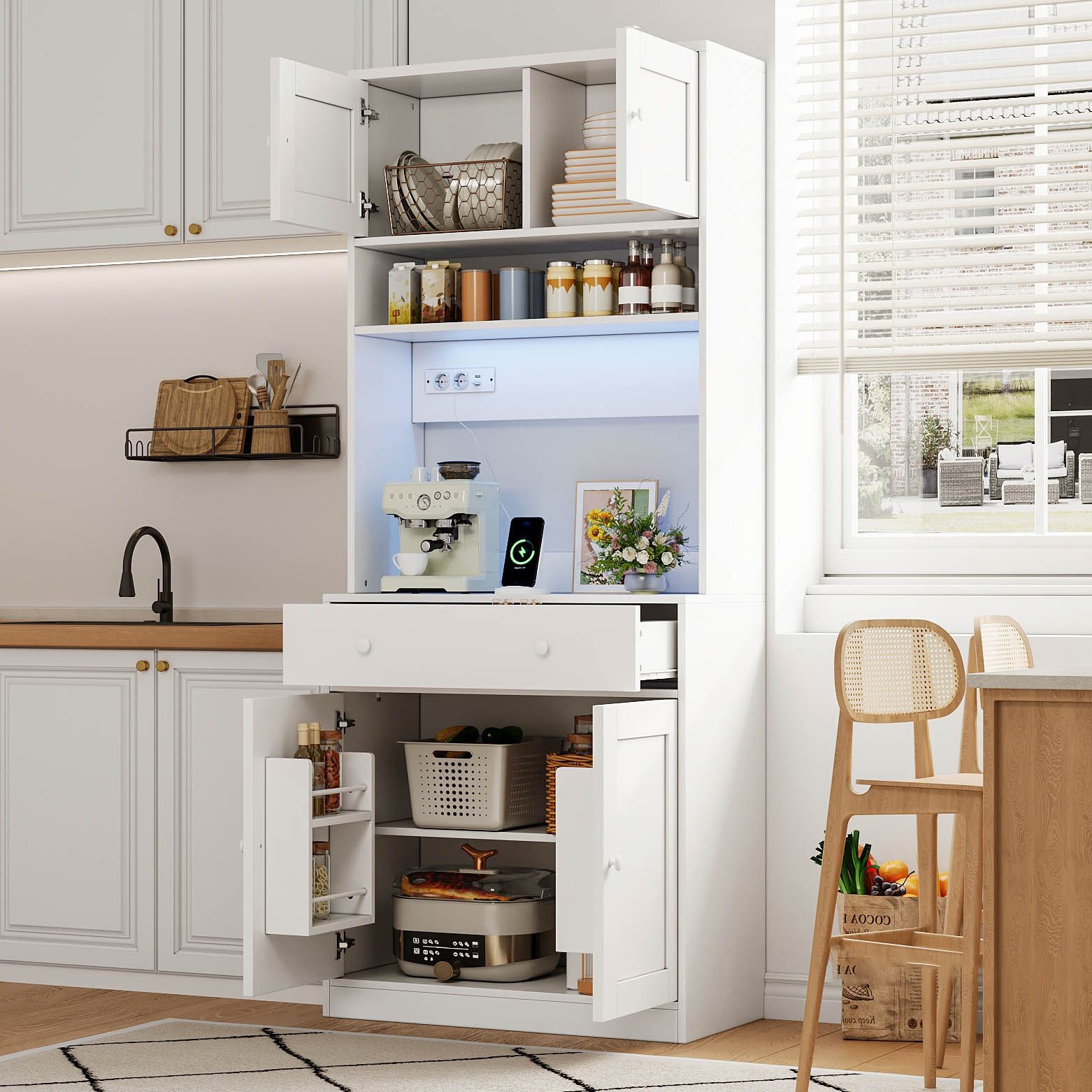 Flieks Hochschrank Küchenbuffet mit LED-Beleuchtung, Steckdosen, Türablagen (B72xT40xH180 cm, 1-St., Ladenfunktion) Küchenschrank …