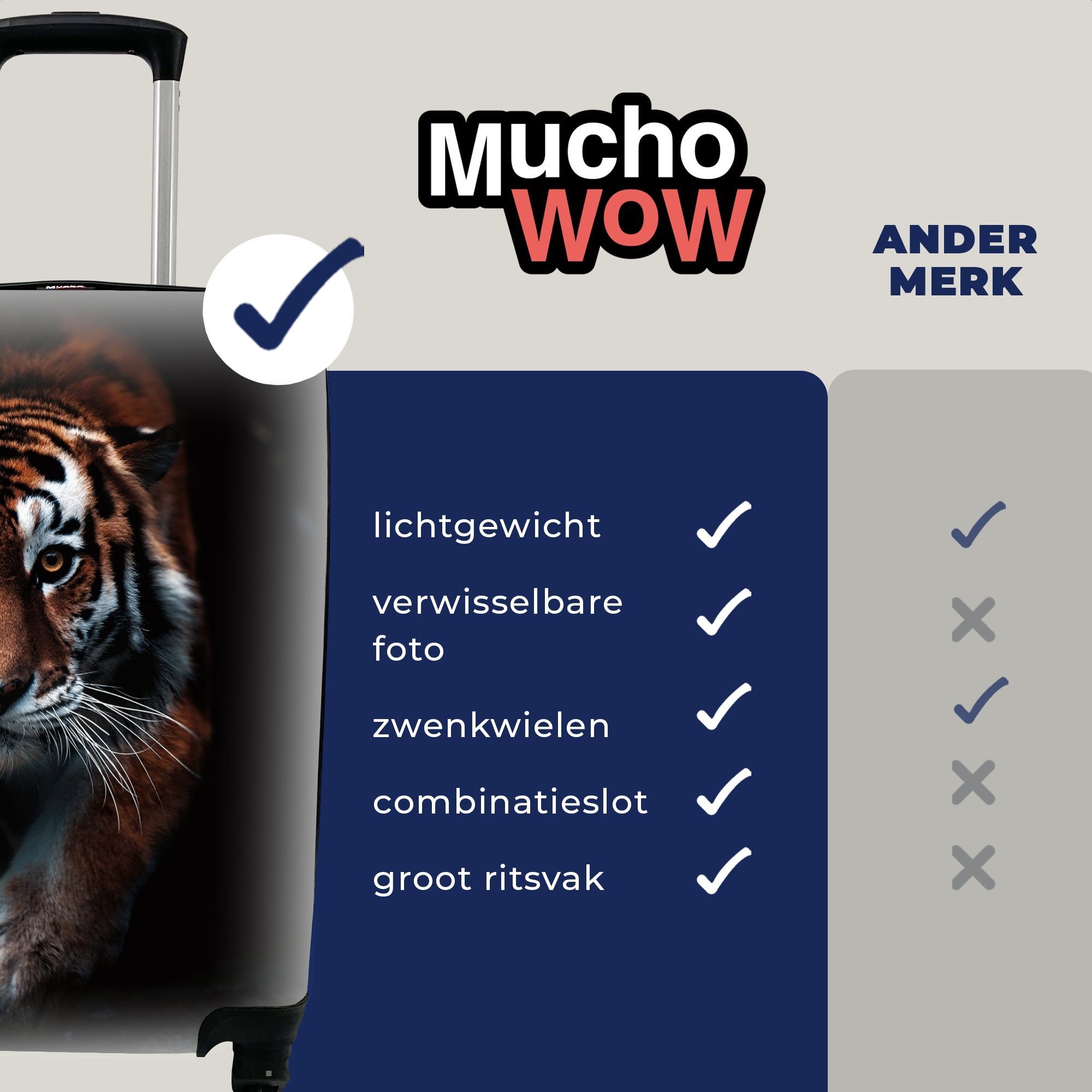MuchoWow Handgepäckkoffer Tiere rollen, Porträt, Handgepäck Reisetasche 4 für - - Wild Trolley, mit Schwarz Rollen, Ferien, - Tiger - Reisekoffer