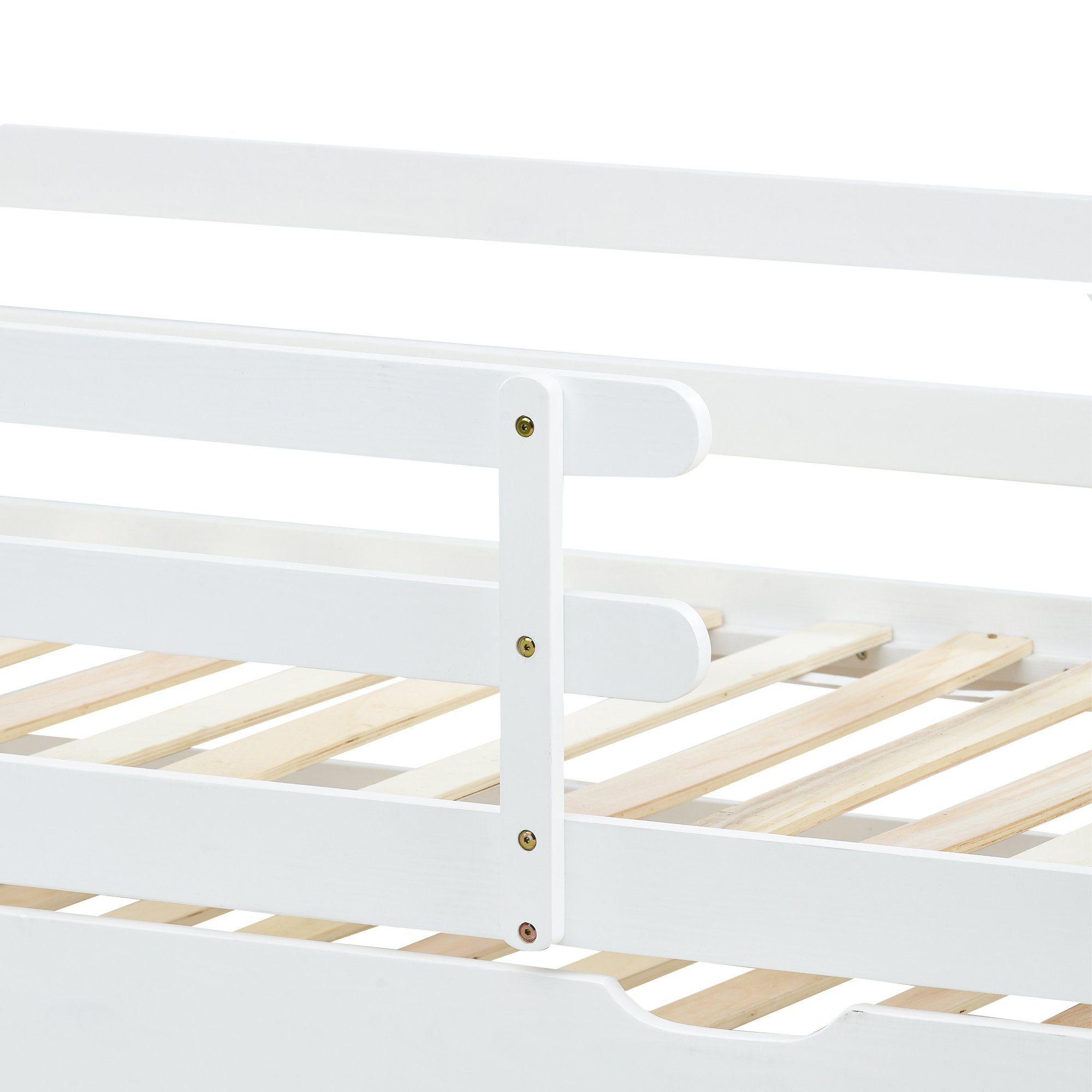Kinderbett, Kinderbett Hausbett mit Unterbett und Lattenrost Schiebebett mit Rollen unten, aus massivem Kiefernholz, 90x200 cm