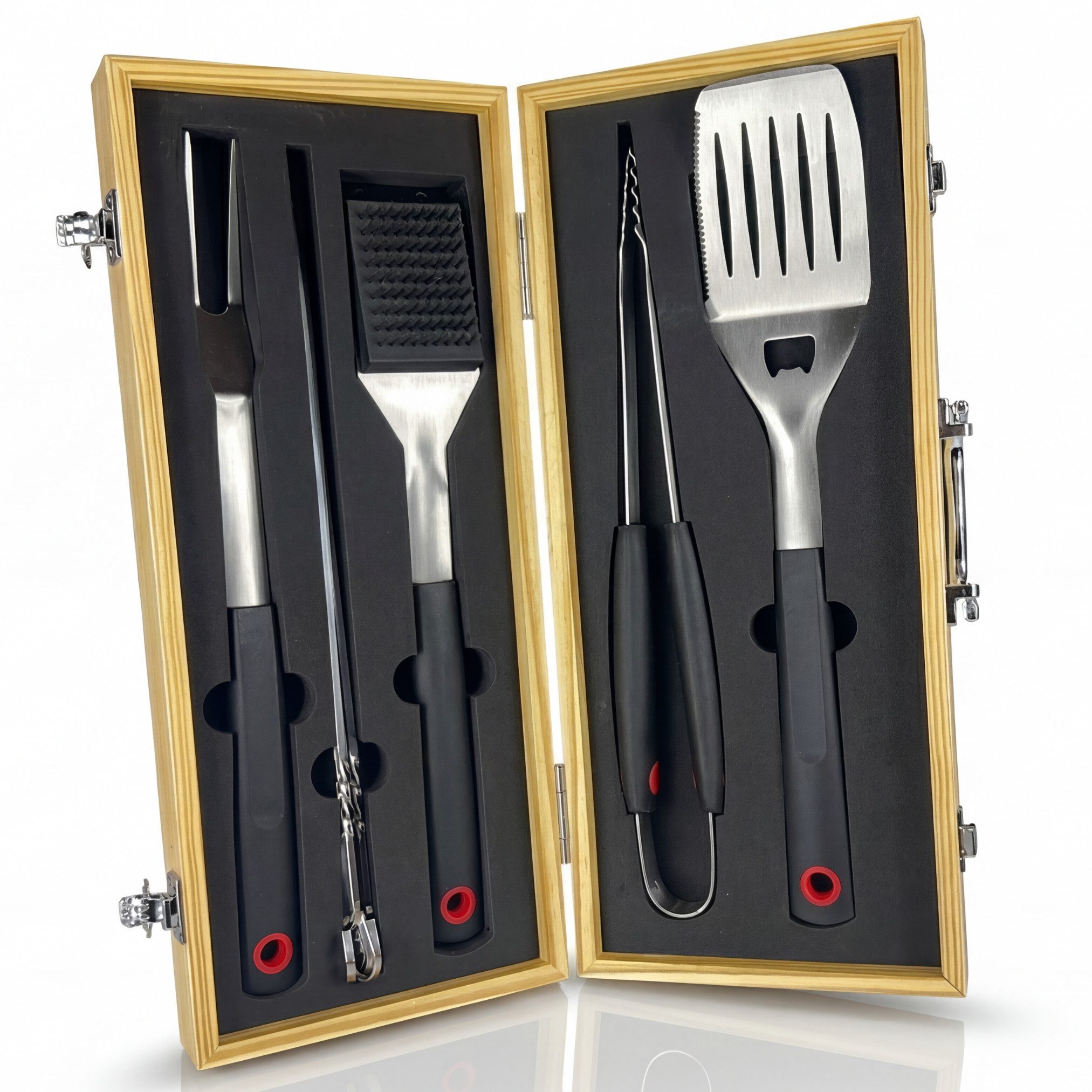 Curry Master Grillbesteck-Set Grillset für Männer Geschenk Griller Zubehör, lange & hitzebeständige Griffe, Grillkoffer aus Kiefernholz