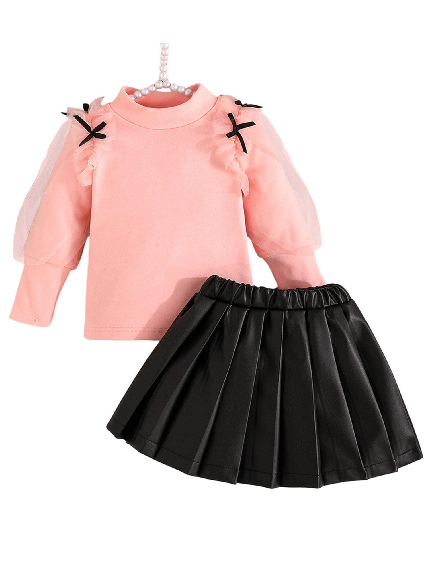 Lapastyle Shirt & Rock Langärmeliges Outfit für Babys, Oberteil aus Mesh-Patchwork, PU-Rock (Set, 2-tlg) Baby Kleinkind-Outfit mit Puffärmeln, für Partys, Geburtstage