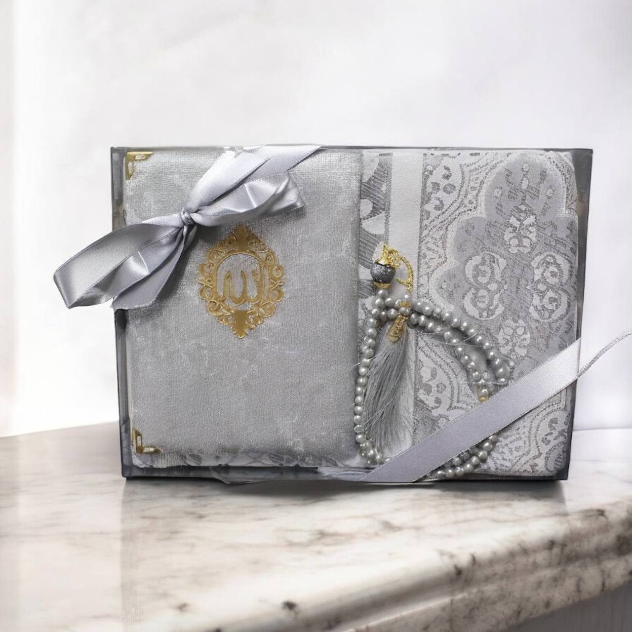 Aymasal Läufer Geschenkset 3 tlg. Gebetsset mit Teppich, 99er-Tesbih und Koran-Juz, aufeinander abgestimmt; ideale Geschenkidee