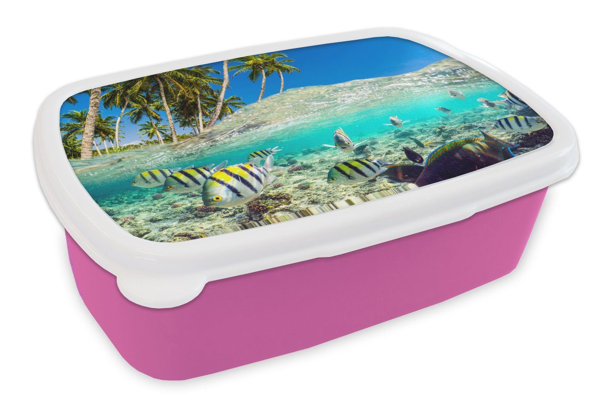 MuchoWow Lunchbox Strand - Fische - Farben, Kunststoff, (2-tlg), Brotbox für Erwachsene, Brotdose Kinder, Snackbox, Mädchen, Kunststoff rosa