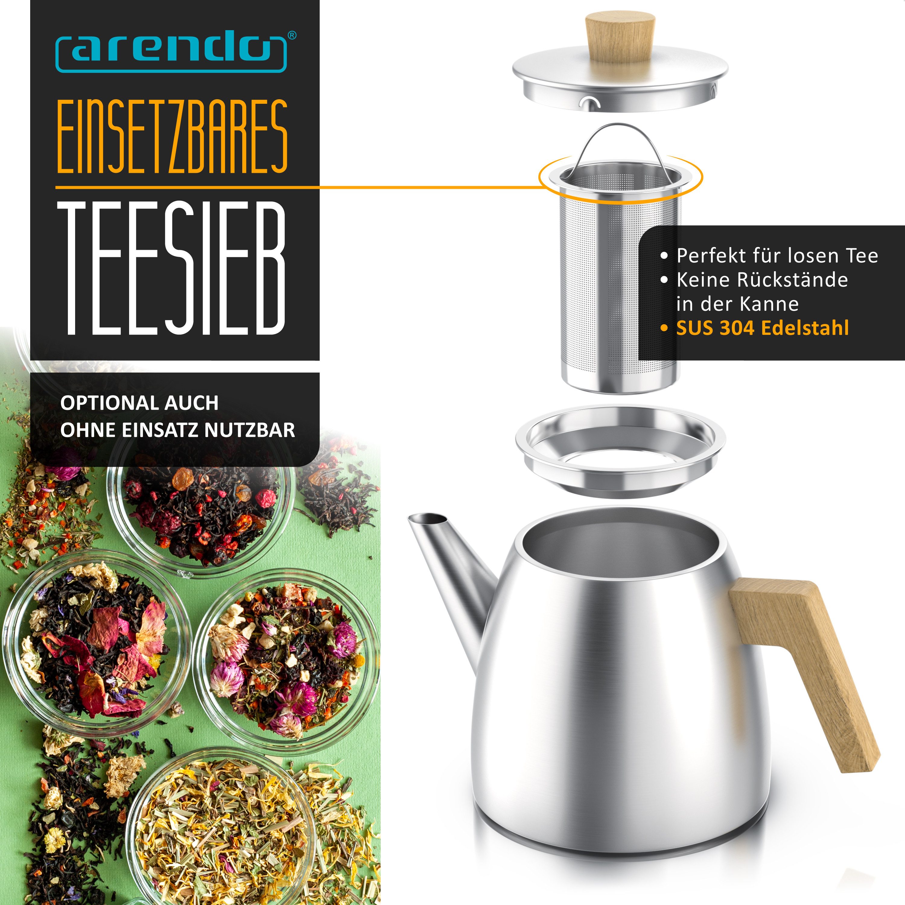 Arendo Teekanne Edelstahl, Siebeinsatz, 1000 ml, mit Griffen aus Holz, Isolierkanne, 1 l, (Set, 2-St), Doppelwandige Thermo Isolierung, Kanne mit Teesieb für losen Tee