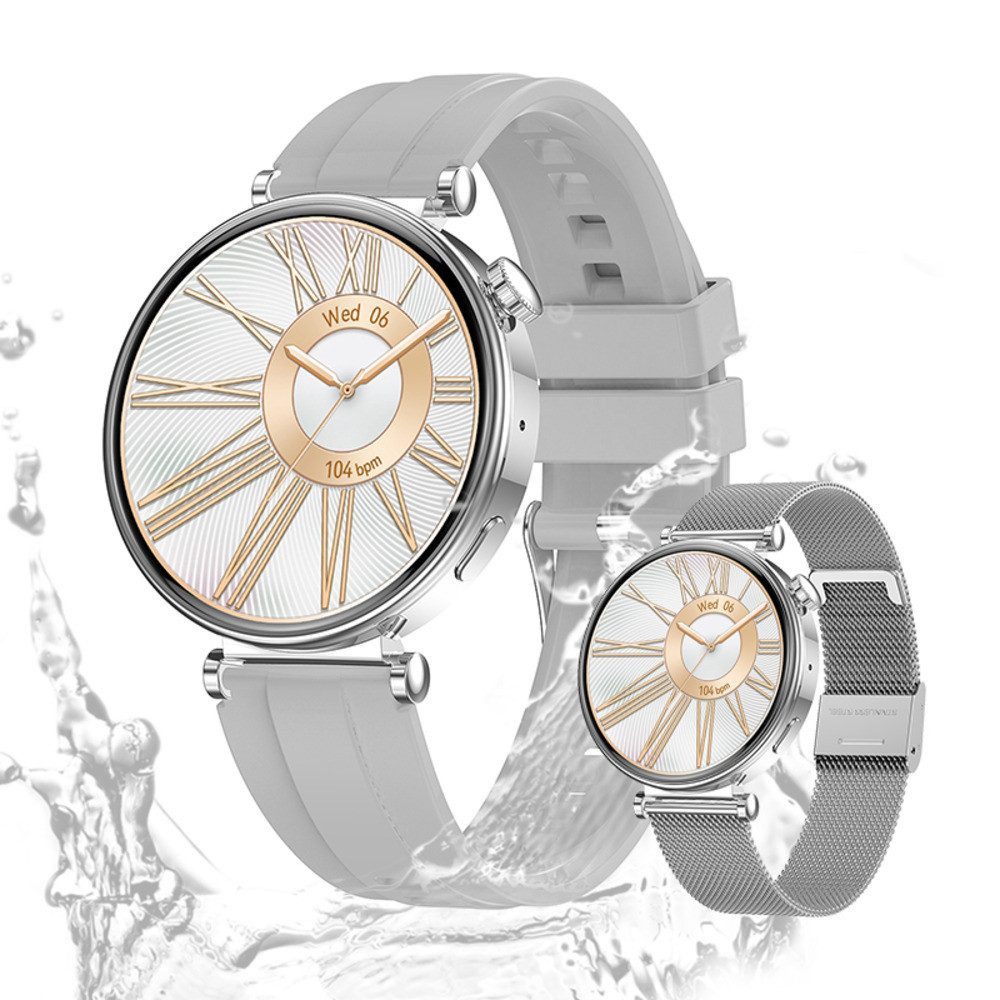 Valdus Damen's IP68 Wasserdicht Telefonfunktion Fitness-Tracker Elegant Smartwatch (3,3 cm/1,32 Zoll, Android/iOS) mit AMOLED HD-Touchscreen, - 260 mAh mit SPO2, Herzfrequenz, Schrittzähler & Stressüberwachung