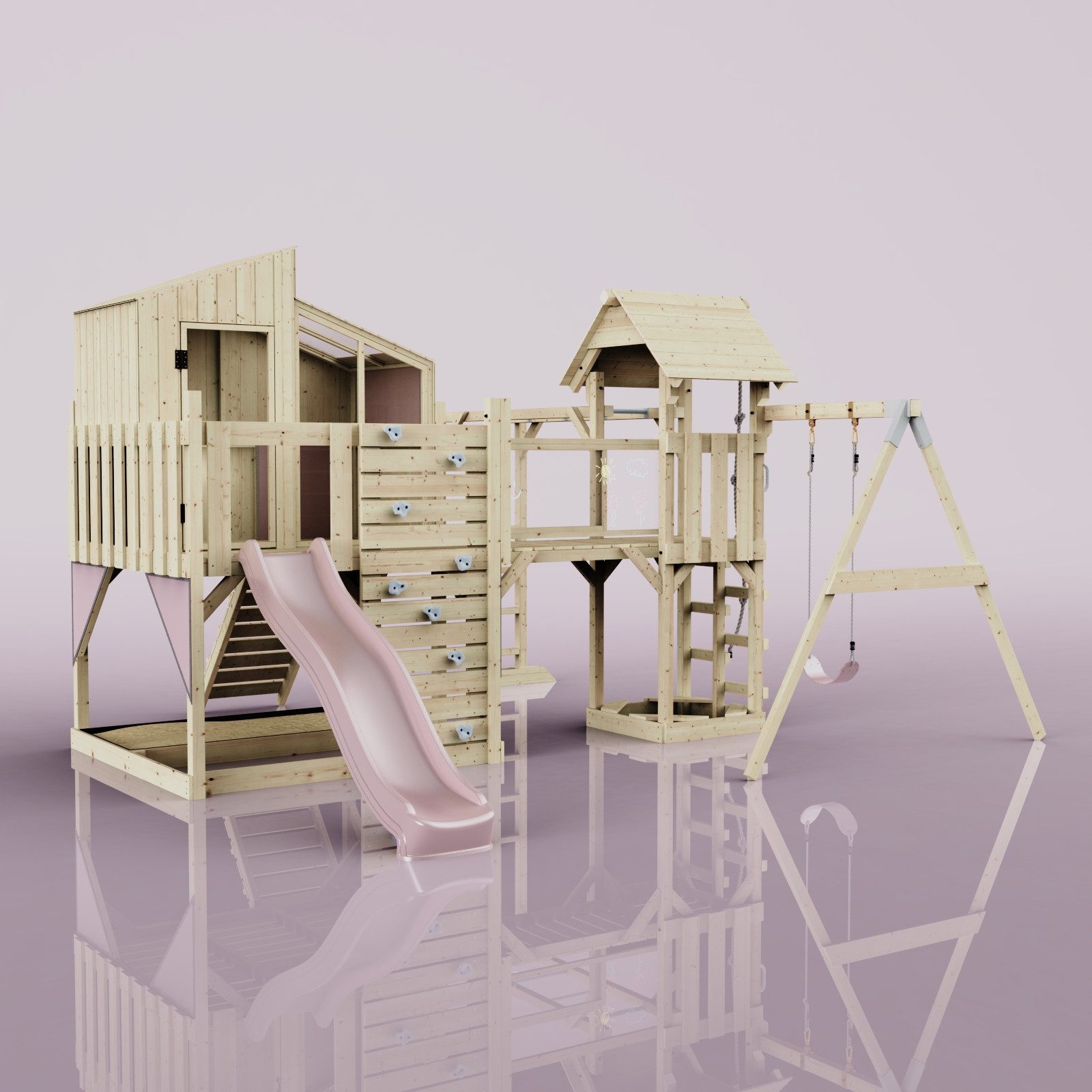 OutdoorToys Spielturm Liv, aus Holz in Altrosa mit Kinderschaukel & Rutsche