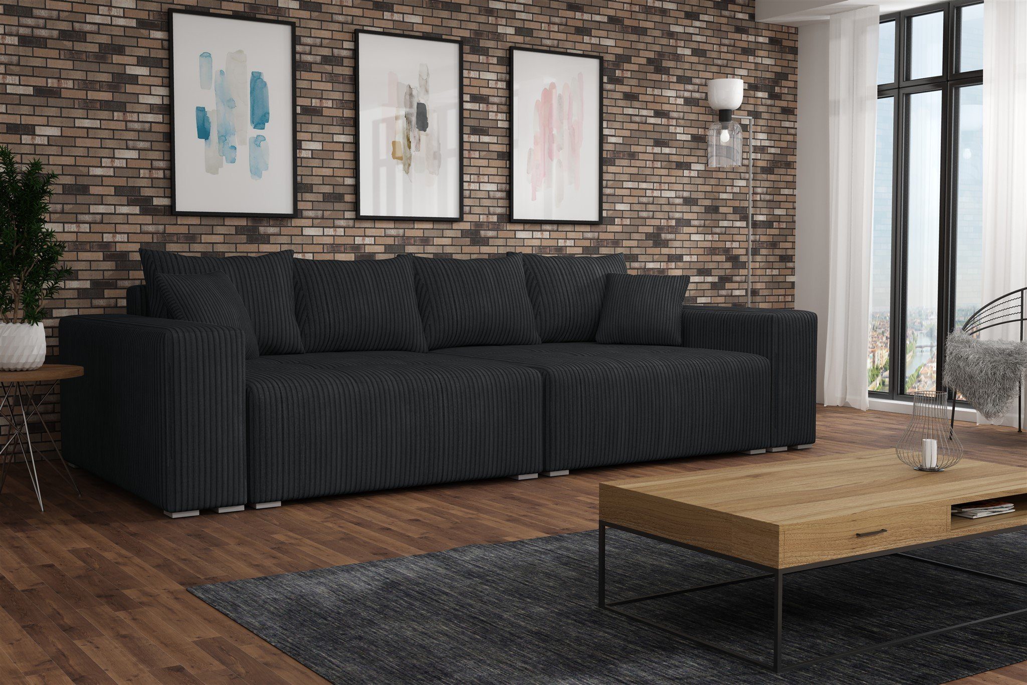 Garantiert echt Fun Möbel Big-Sofa Megasofa Couchgarnitur Poso Bettkasten, inkl. mit Schlaffunktion, in Stoff und Zierkissen mit Schwarz REGGIO Rückenkissen