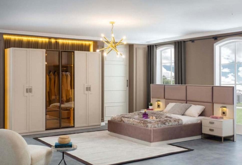 Schlafzimmer-Set Beige Schlafzimmer Set Bett 2x Nachttische Schrank