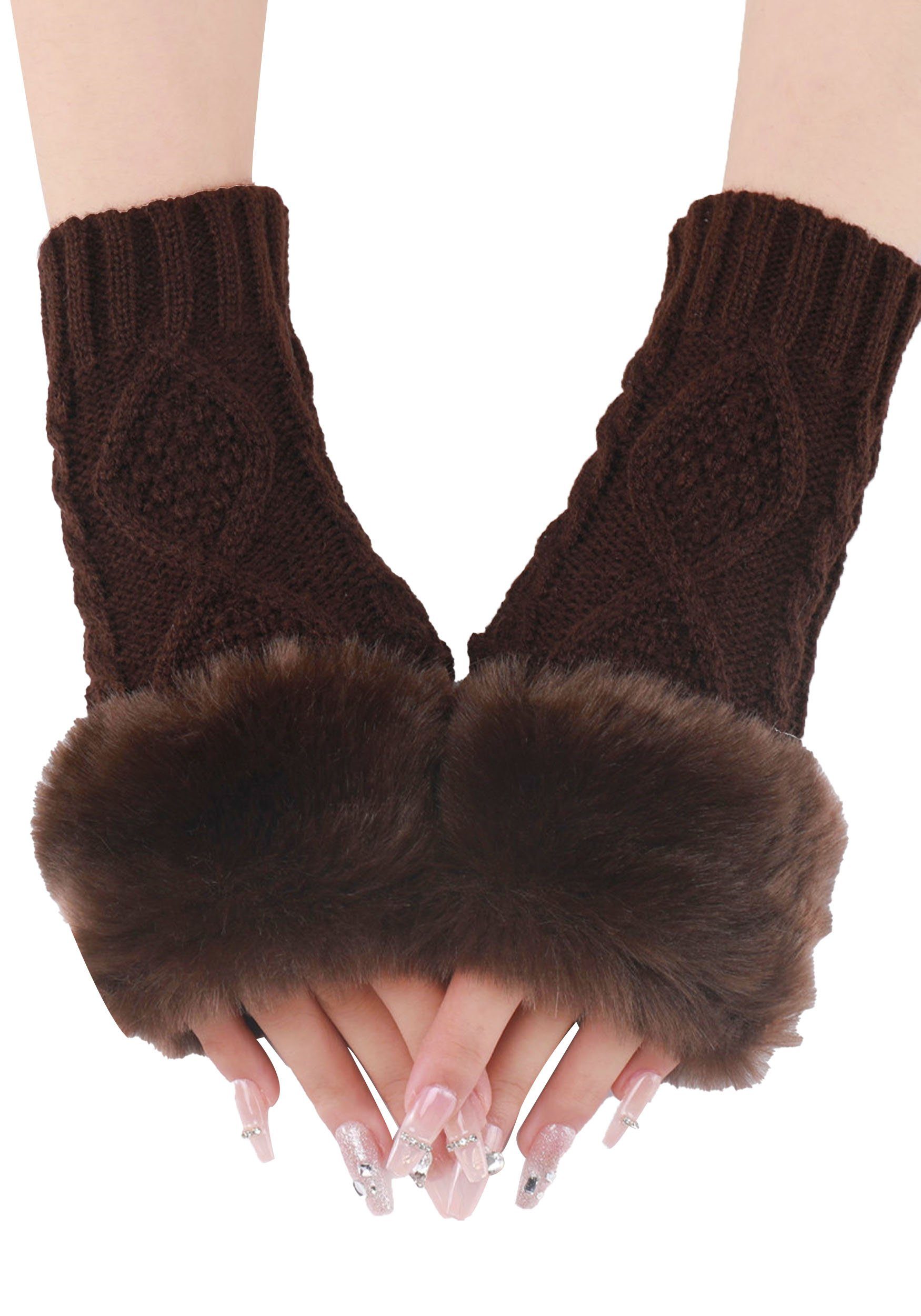 Winter-warmer Armstulpen Fingerlose Damen Plüsch Handschuhe Jacquard Braun Pulswärmer Strickhandschuhe Stricken,Gestrickte MAGICSHE