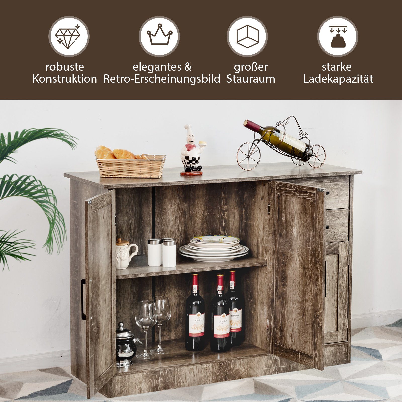 COSTWAY Schubladen&verstellbarem Arbeitsplatte, mit Regal 110cm Küchenbuffet