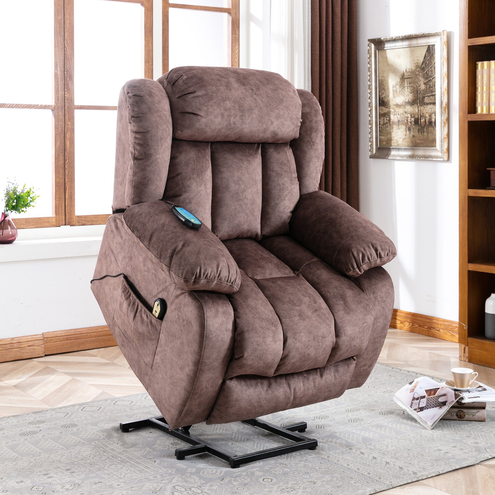 Merax TV-Sessel Elektrisch Relaxsessel Liegefunktion, relaxfunktion, Aufstehhilfe Fernsehsessel mit Wärme und und mit Massagesessel Schokolade Vibraiton