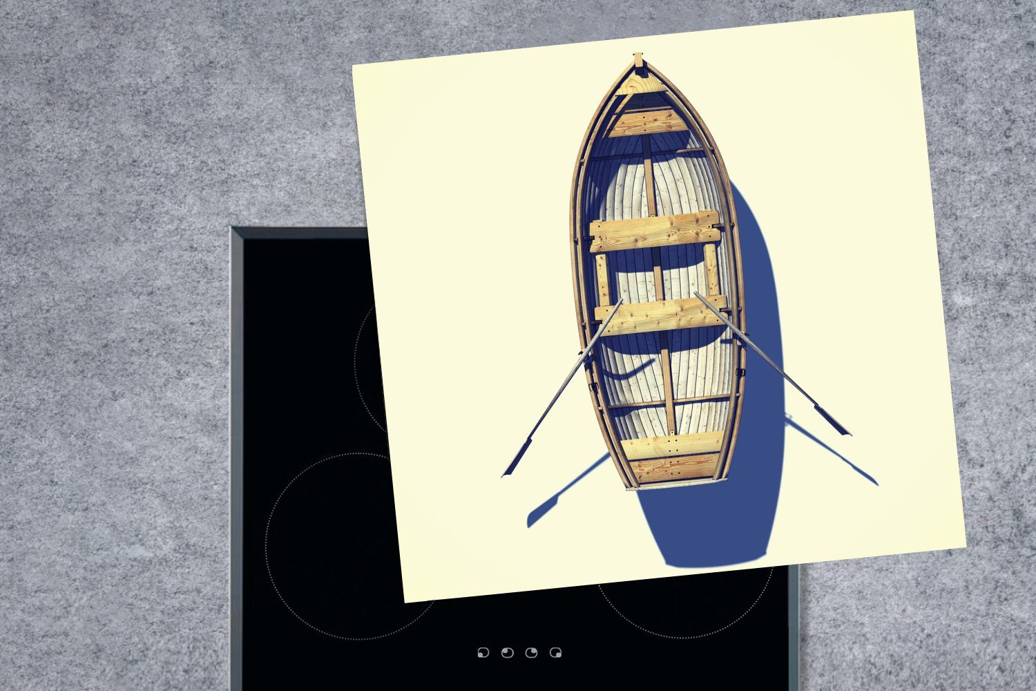 küche Luftaufnahme (1 tlg), Vinyl, eines 78x78 Herdblende-/Abdeckplatte Ceranfeldabdeckung, Strand, am für MuchoWow Ruderboots Arbeitsplatte cm,