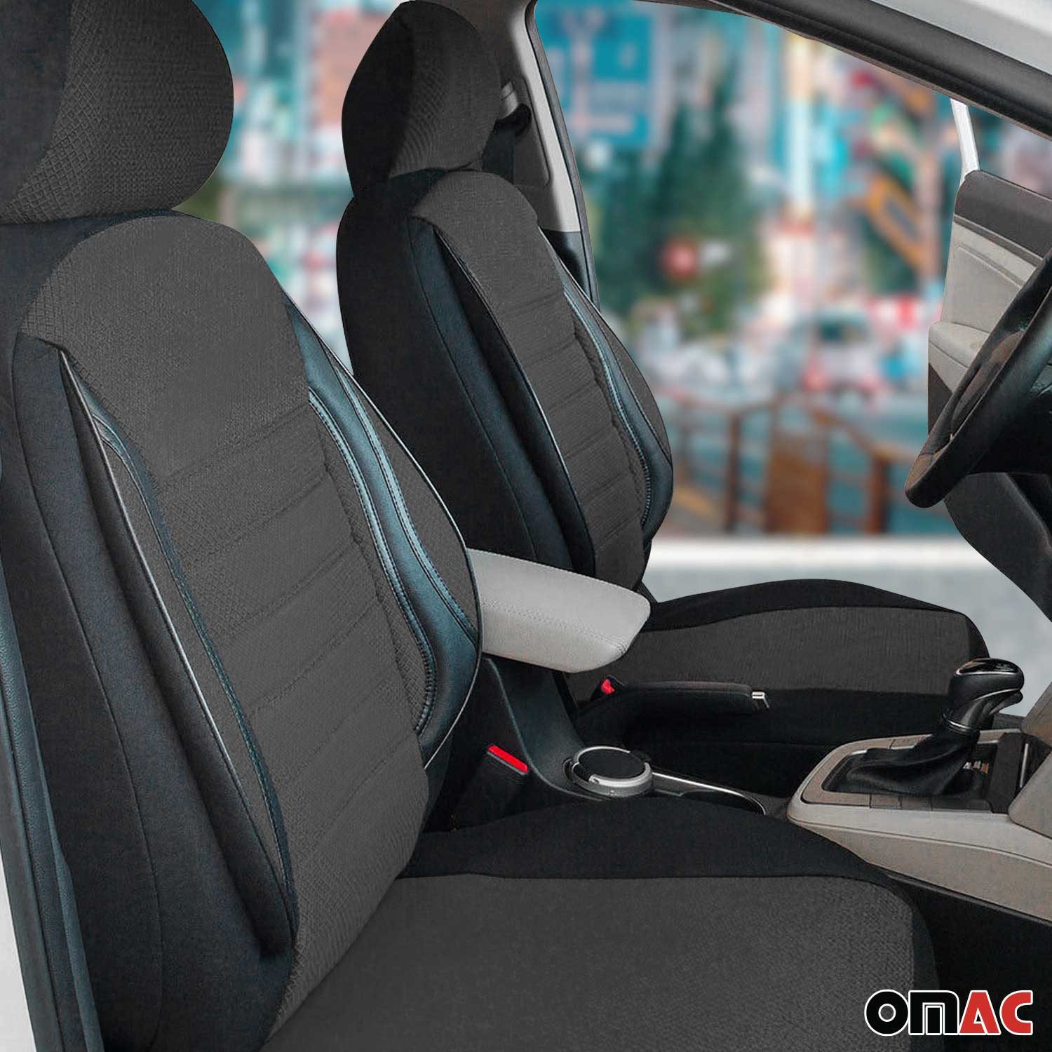 OMAC Autositzbezug Schonbezüge für Jeep Cherokee Grau Schwarz 2 Sitz Vorne Satz, 2-tlg., Atmungsaktiv,Einfache Installation,Soft-Touch-Oberfläche