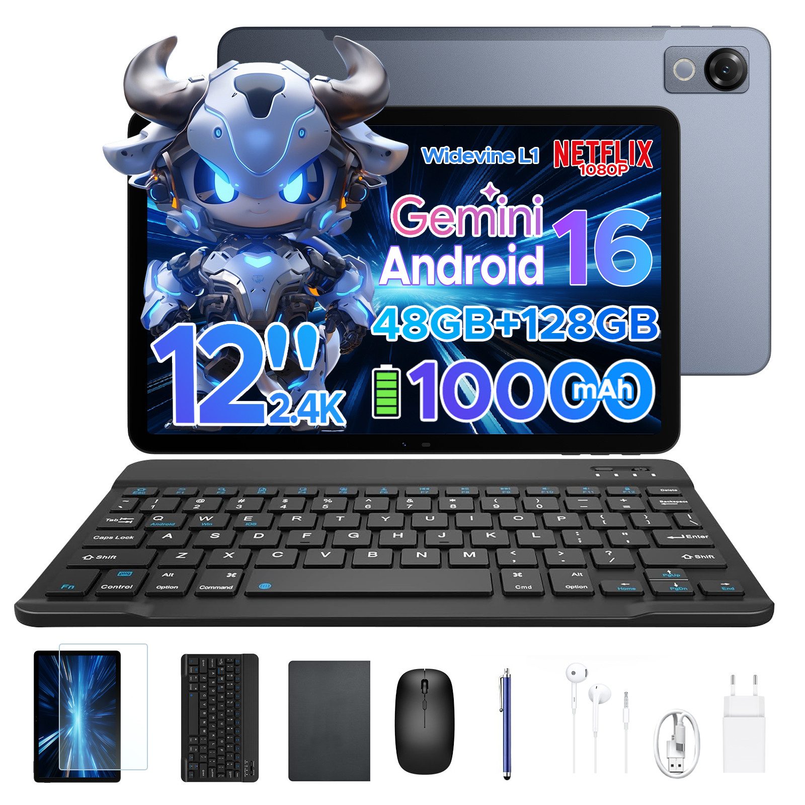 Aorlym AP12 Android 16 Tablet mit Tastatur, 12 zoll, 2.4K 120Hz, 10000mAh/18W Tablet (12", 128 GB, Android 16, WiFi, 48GB RAM(8+ 40GB erweitert)+128GB ROM, Gemini AI, 5G WiFi, Face ID/GPS)