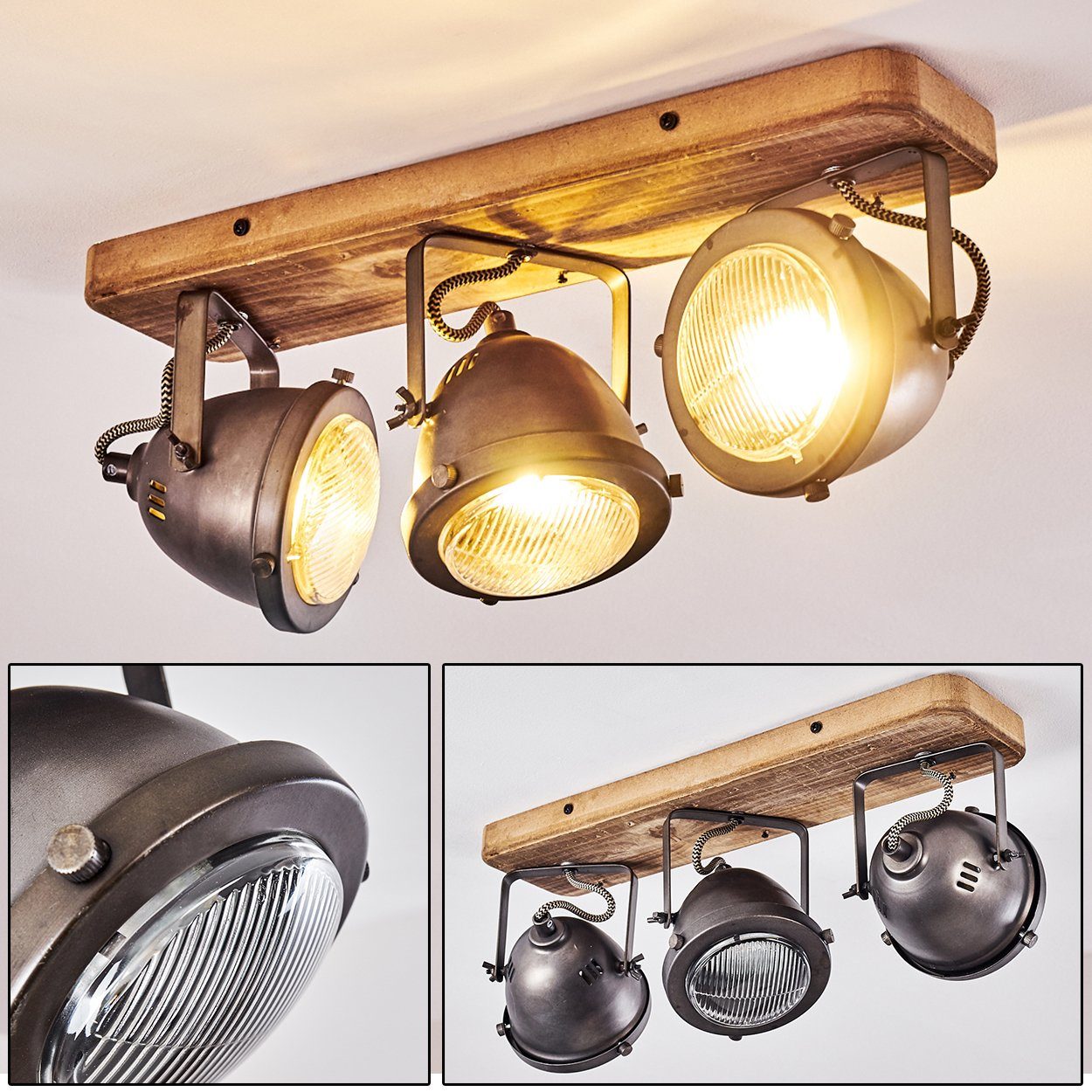 hofstein Deckenleuchte »Gavi« dimmbare Deckenlampe aus Metall/Holz in Braun, ohne Leuchtmittel, Lampenschirm dreh-/schwenkbar, 3xGU10, Spot im Retro-Design