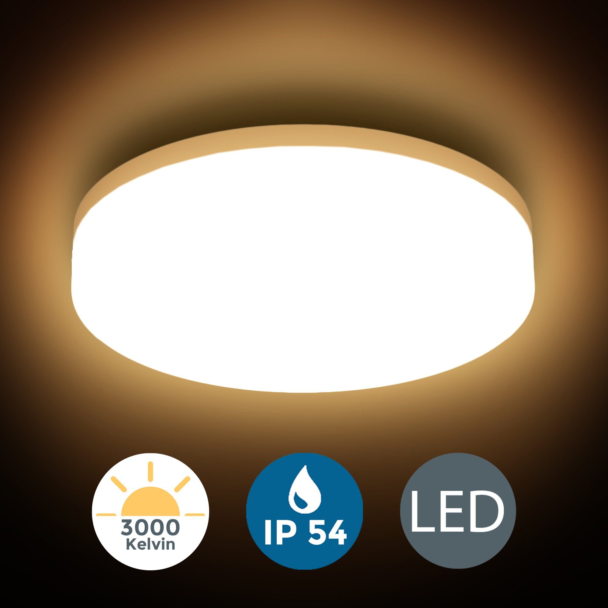 B.K.Licht LED LED 1500lm, Badezimmer-Leuchte, Küche, Deckenleuchte, Flur integriert, 13W fest IP54, Deckenlampe, Warmweiß