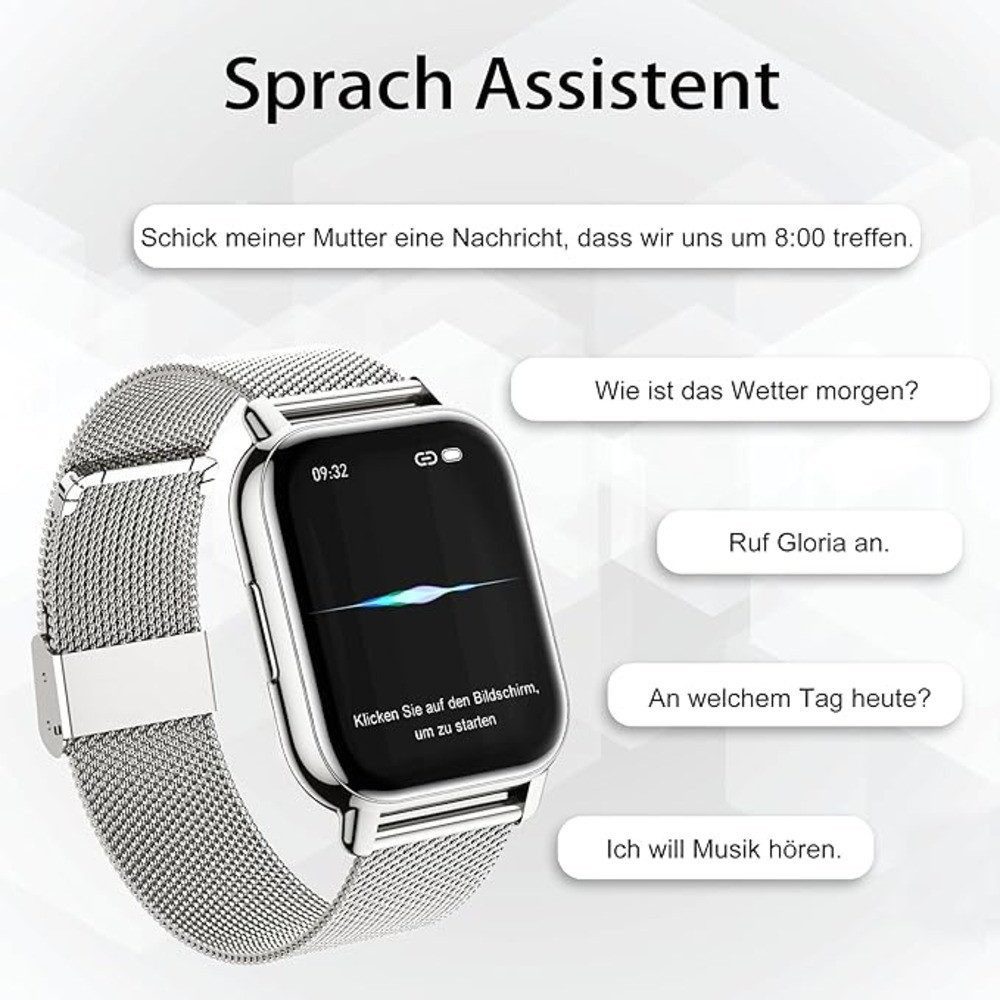 Zevelora Damen's und Herren's Fitness-Tracker Blutdruckmess Smartwatch (1,85 Zoll, Android/iOS), mit austauschbarem weichem Silikonarmband, mit SpO2 Herzfrequenz Schrittzähler Schlafmonitor, Musikwiedergabe
