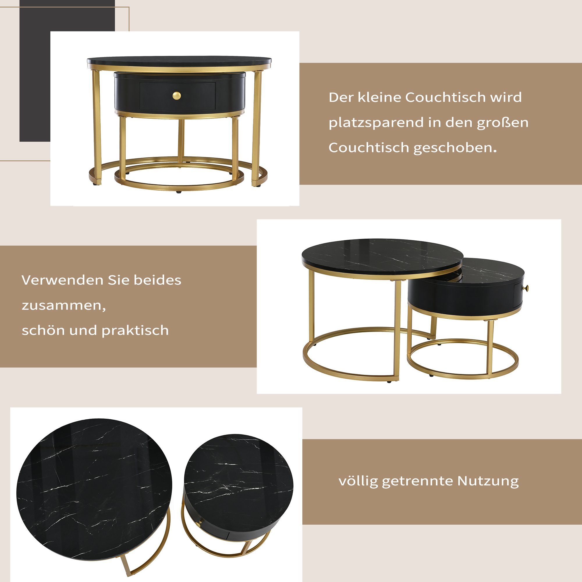 Couchtisch (2-St., Sofatische Satztische in hochglanz Marmoroptik), rund Beistelltisch ∅70x45cm ∅50x40cm, Gestell aus Metall