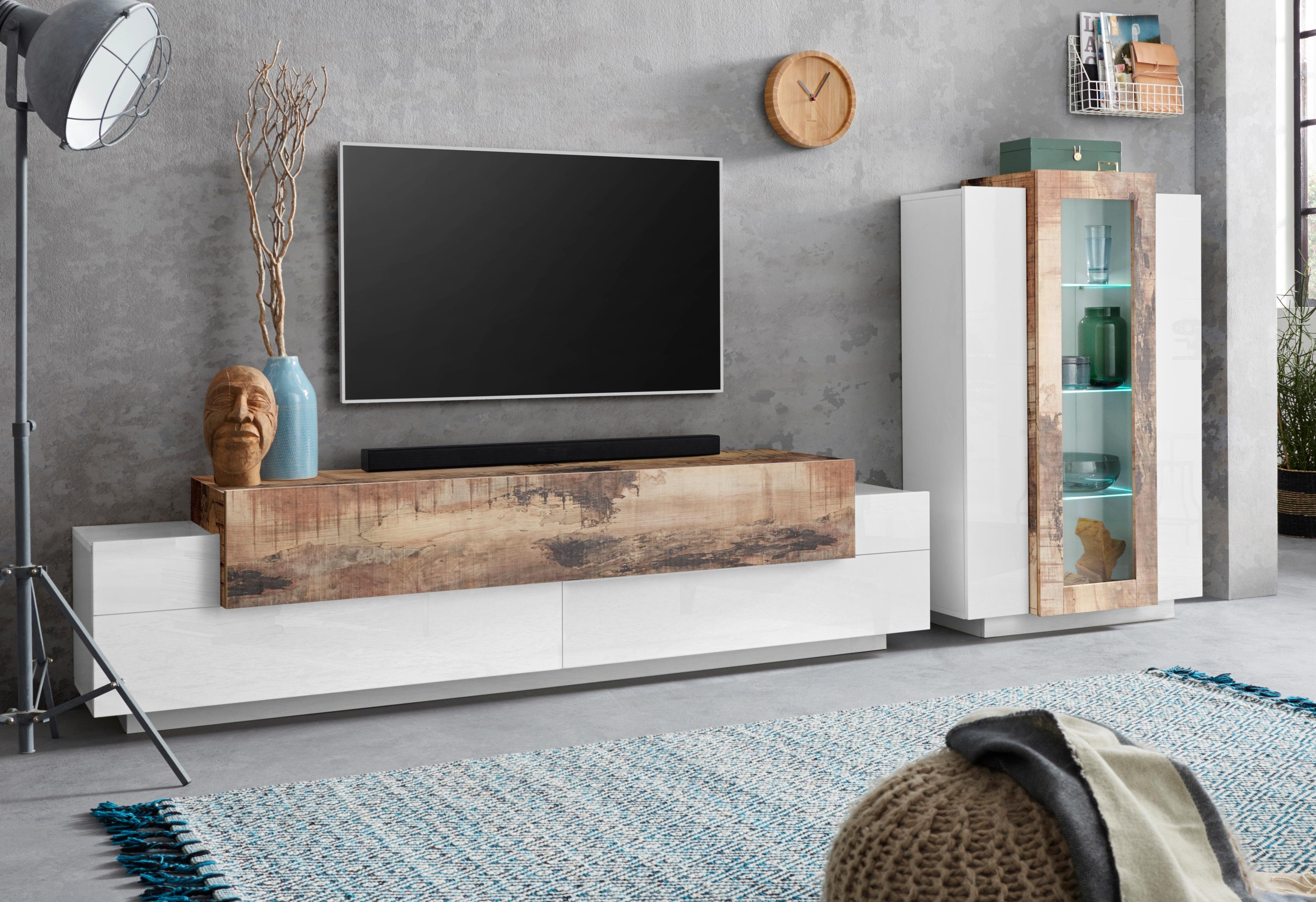 Home affaire Wohnwand Coro, Anbauwand, Medienwand, (Set, 2-St), Lowboard 4 Fächer, Breite 200cm und Vitrine 3 Türen, Breite 80cm