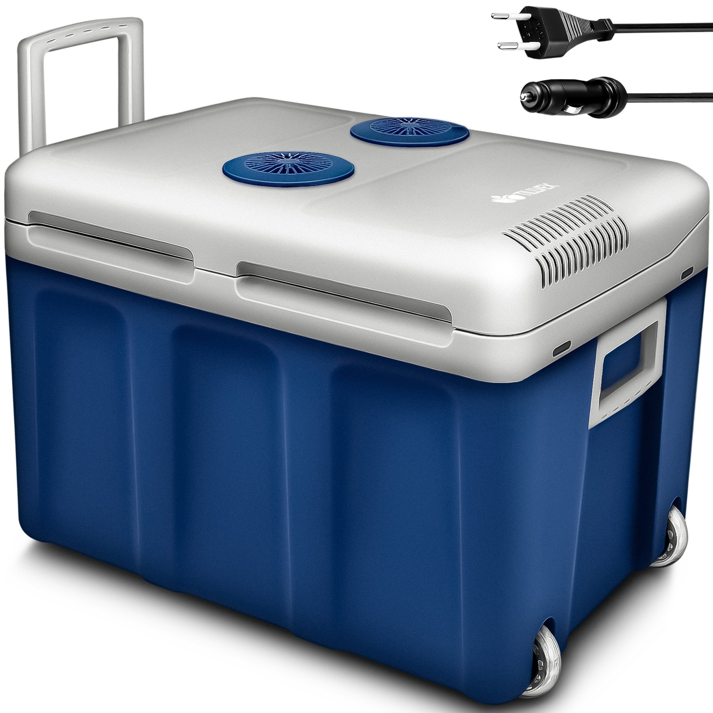 tillvex Kühlbox elektrisch 40L mit Rollen Mini-Kühlschrank, 230 V und 12 V für KFZ Auto Camping, kühlt & wärmt, ECO-Modus Blau