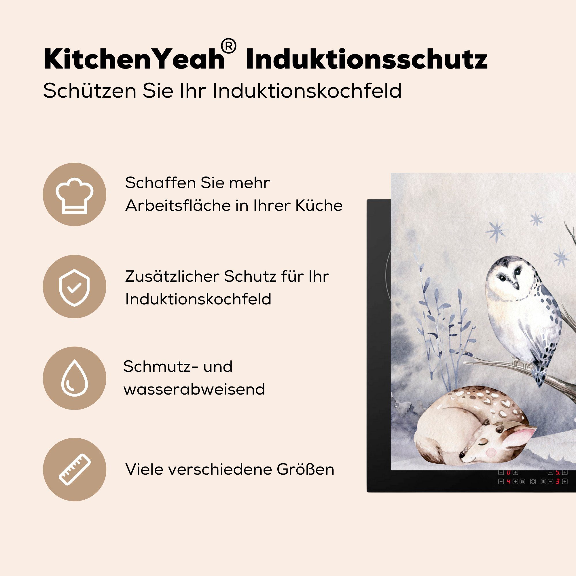 MuchoWow Herdblende-/Abdeckplatte Bär, cm, tlg), Winter die Vinyl, küche, Induktionskochfeld Eule - für - Hirsch Schutz - Ceranfeldabdeckung 81x52 (1