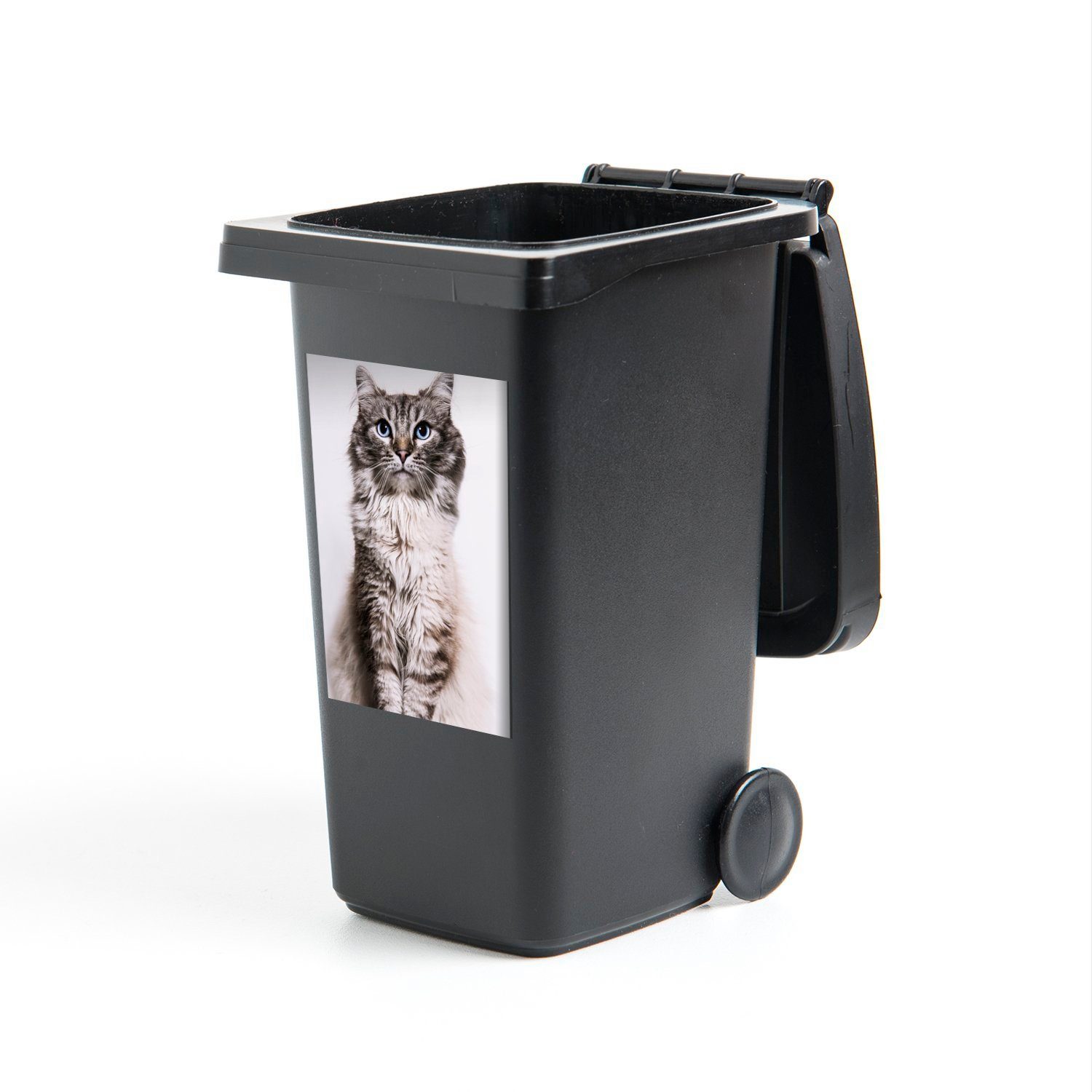 MuchoWow Wandsticker Katze mit blauen Augen auf weißem Hintergrund (1 St), Mülleimer-aufkleber, Mülltonne, Sticker, Container, Abfalbehälter