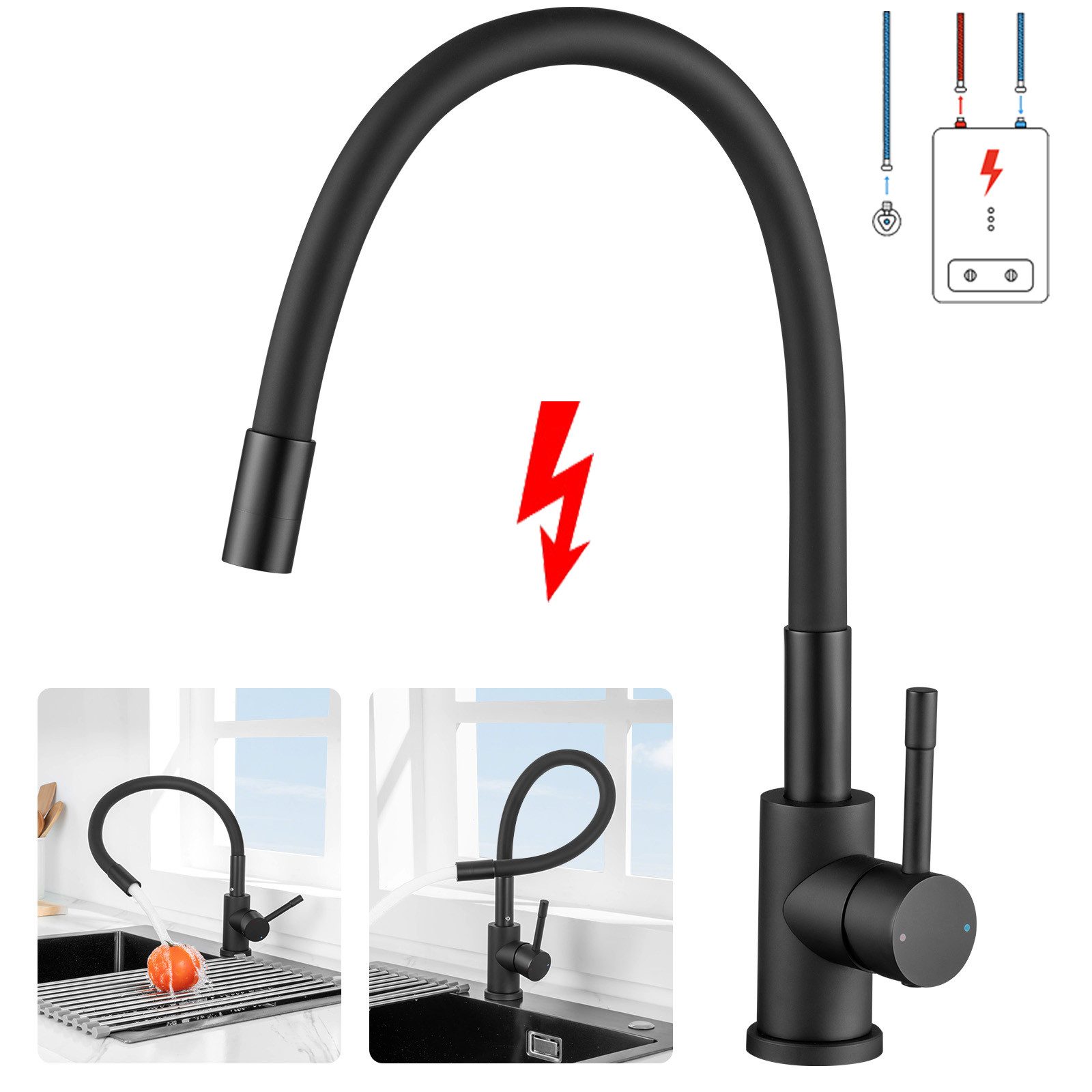 Sofetiy max Spültischarmatur Niederdruck Flexible Küchenarmatur Wasserhahn 360° Schwenkbar Schwarz Mischbatterie Einhebelmischer für Boiler