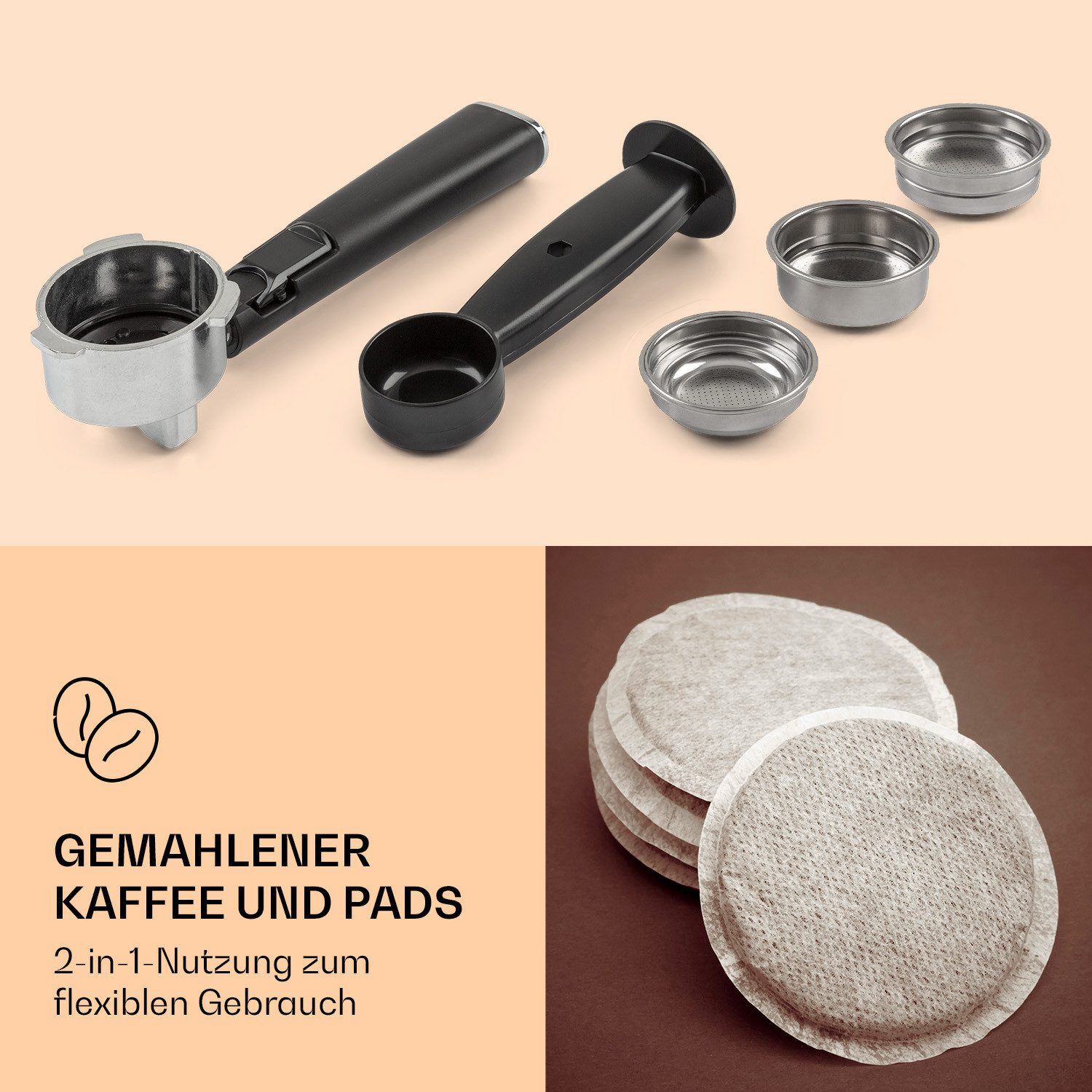 Klarstein Espressomaschine, 1.5l Kaffeekanne, Gemahlener Kaffee & Pads: 2-in-1-Nutzung
