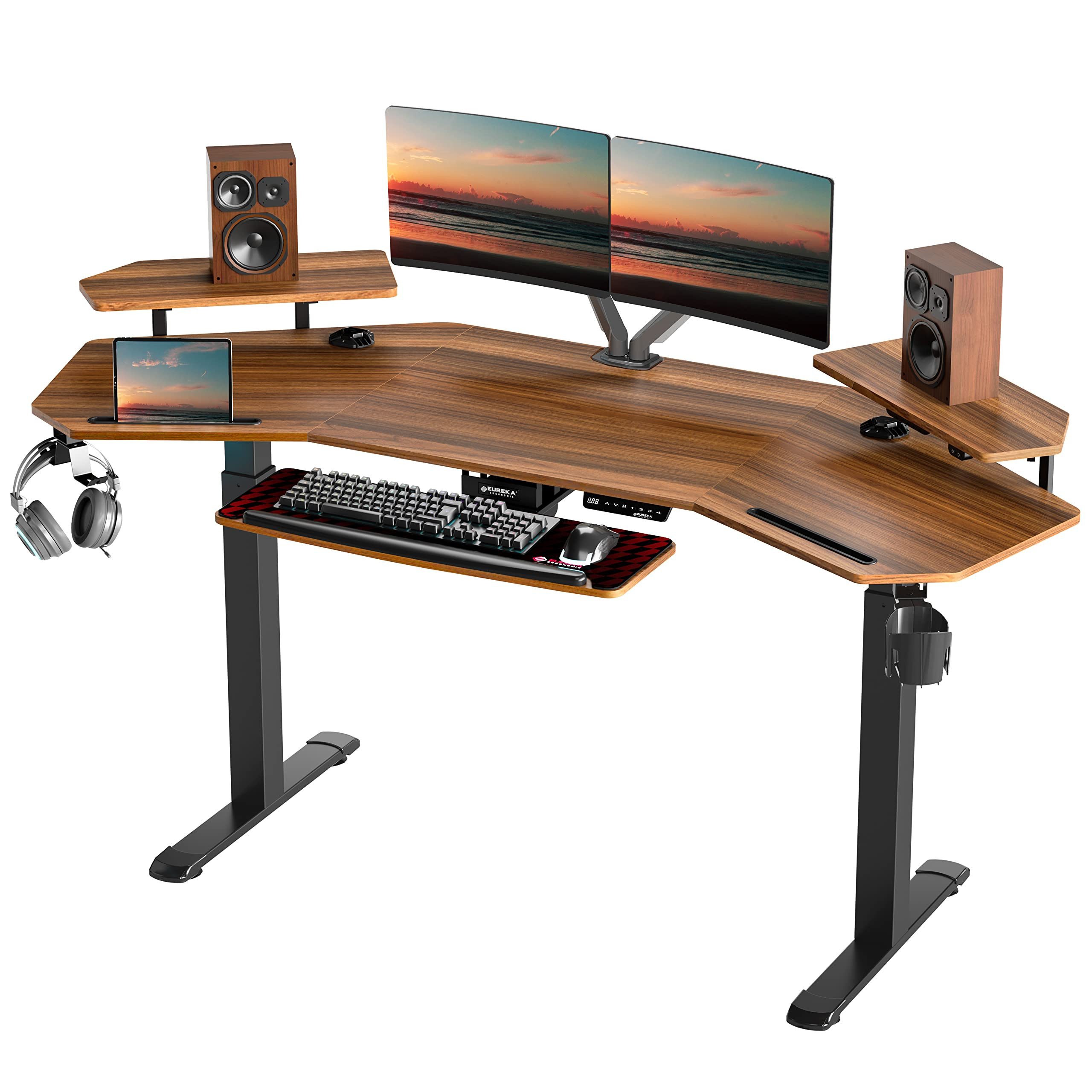 EE EUREKA ERGONOMIC Computertisch Höhenverstellbarer Schreibtisch, Elektrisch Groß Gaming Tisch (182×76cm Stehpult in Flügelform), Gaming Schreibtisch mit Led Monitorständer und Tastaturablage