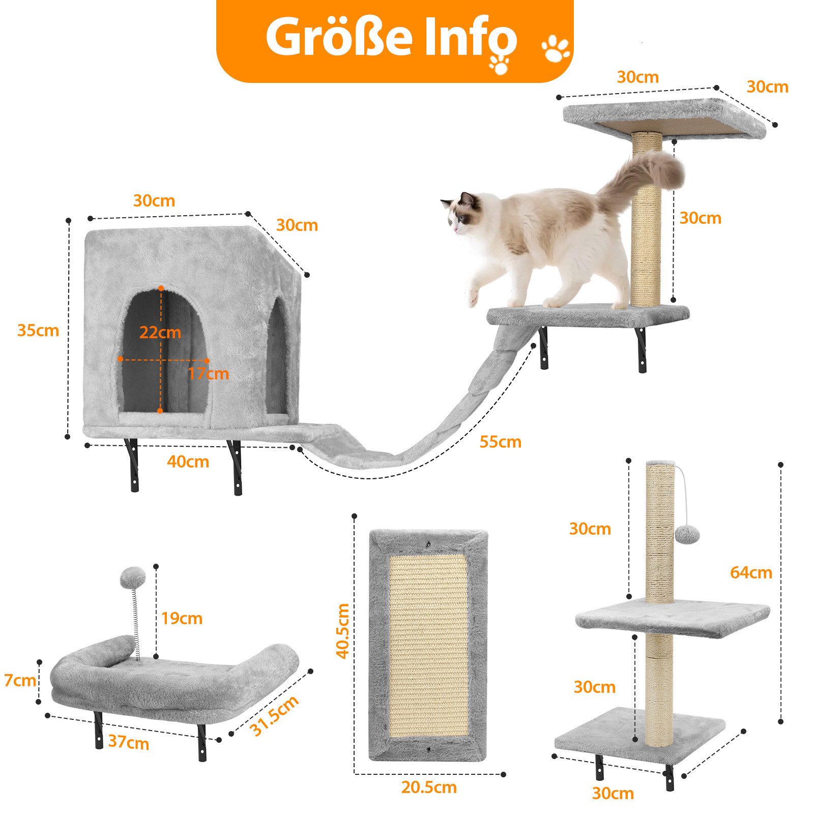 nobleza Kratzsäule Kletterwand Katzen 6 Set, Hängebrücke & festem Kratzbrett