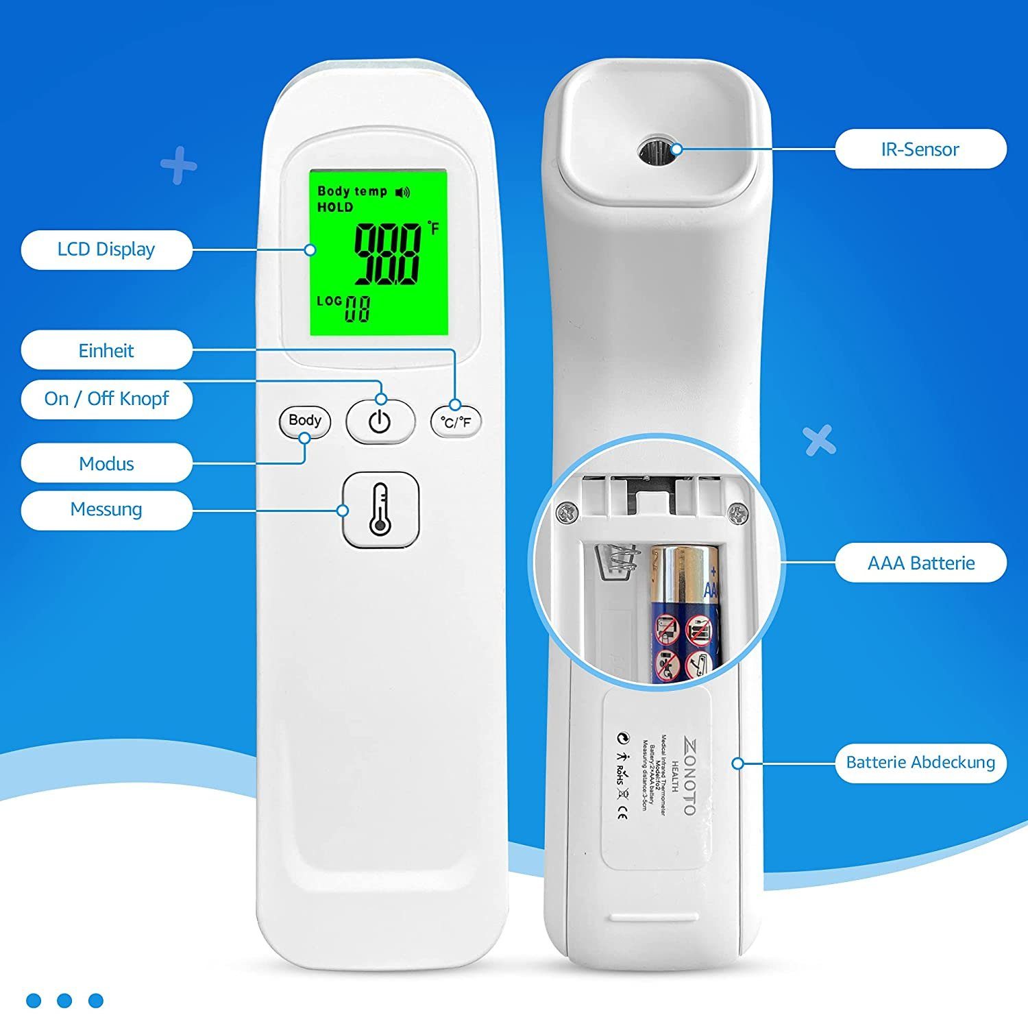 LCD Digital Infrarot Stirnthermometer Kontaktlos Körper IR Fieberthermometer  CE 